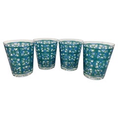 Four Vintage Double Old Fashioned Glasses by Pasinski with Green & Blue Design