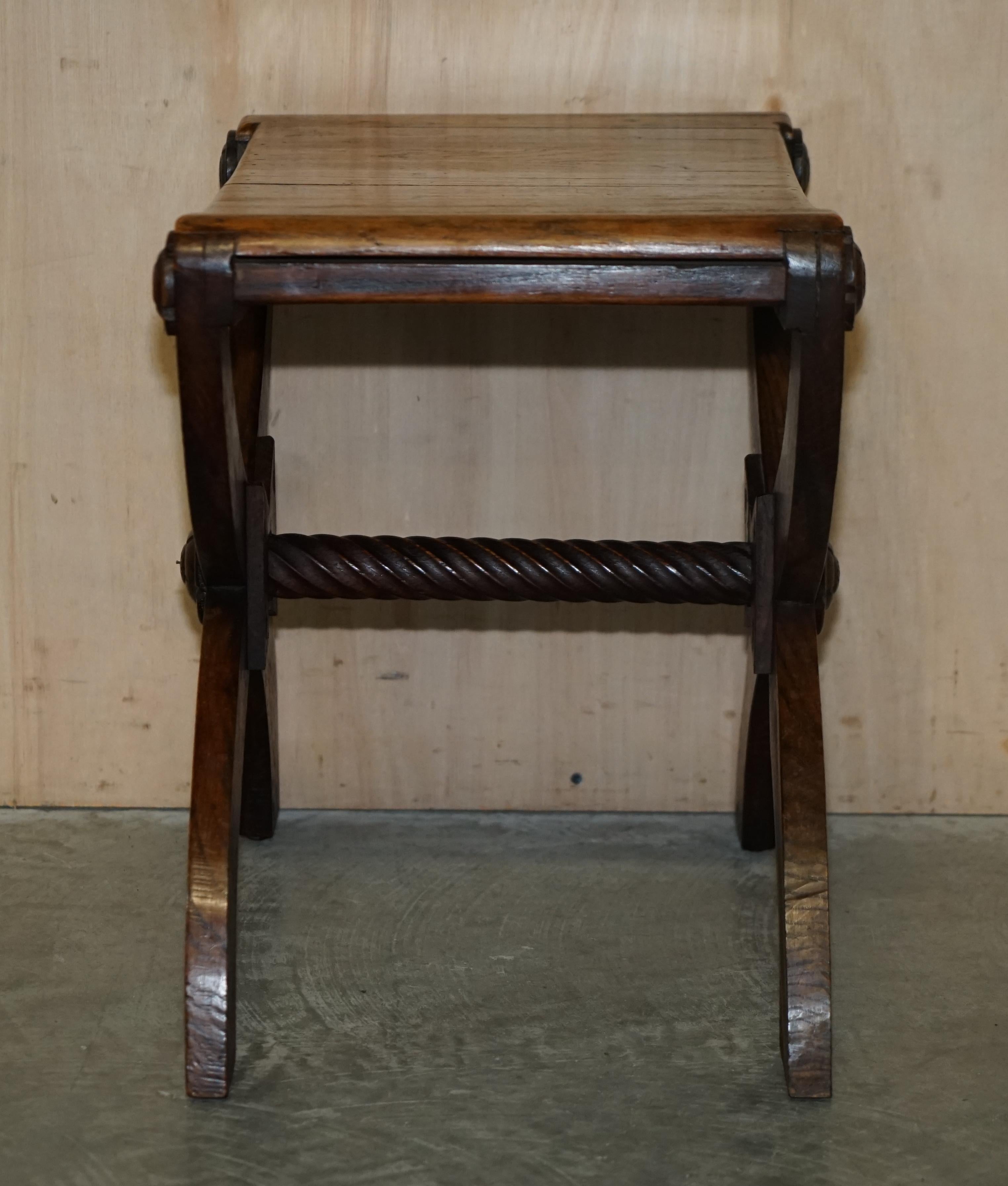 Four Vintage English Oak Jacobean Style Hand Carved Stools Part of a Large Suite For Sale 10