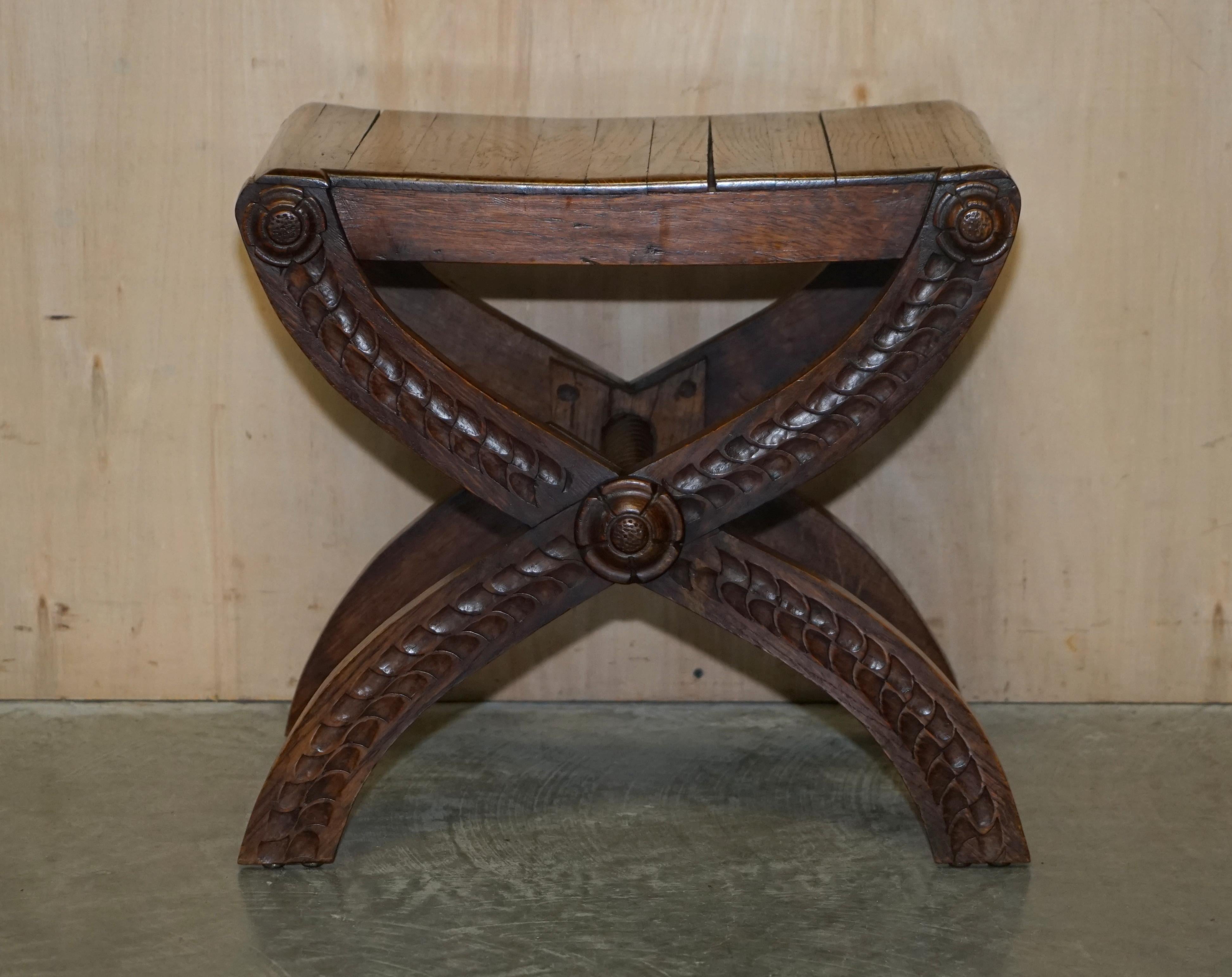 Four Vintage English Oak Jacobean Style Hand Carved Stools Part of a Large Suite For Sale 14
