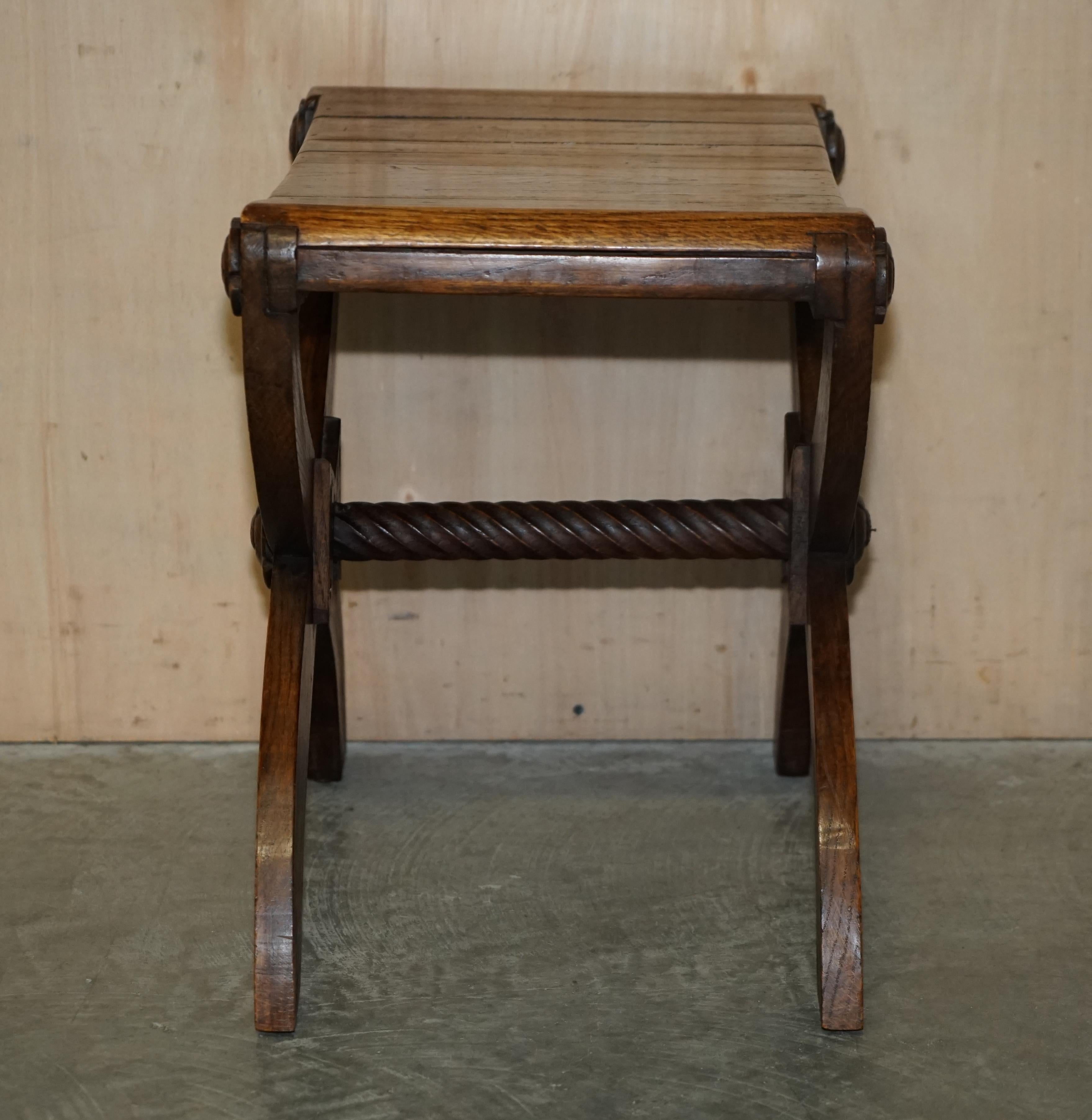 Four Vintage English Oak Jacobean Style Hand Carved Stools Part of a Large Suite For Sale 15
