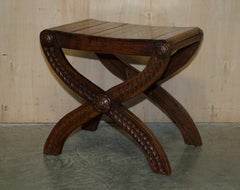 Four Vintage English Oak Jacobean Style Hand Carved Stools Part of a Large Suite