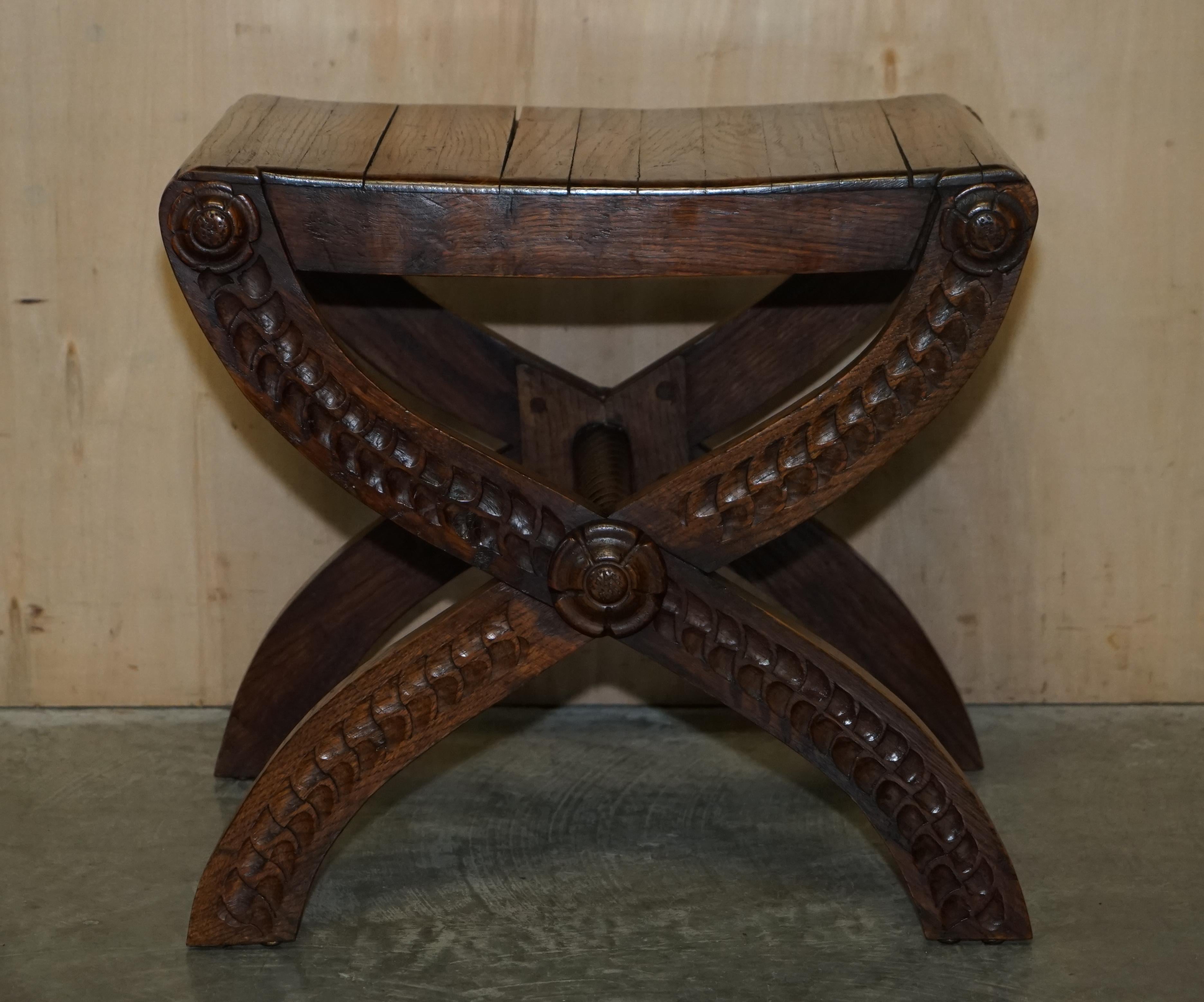 Hand-Crafted Four Vintage English Oak Jacobean Style Hand Carved Stools Part of a Large Suite For Sale