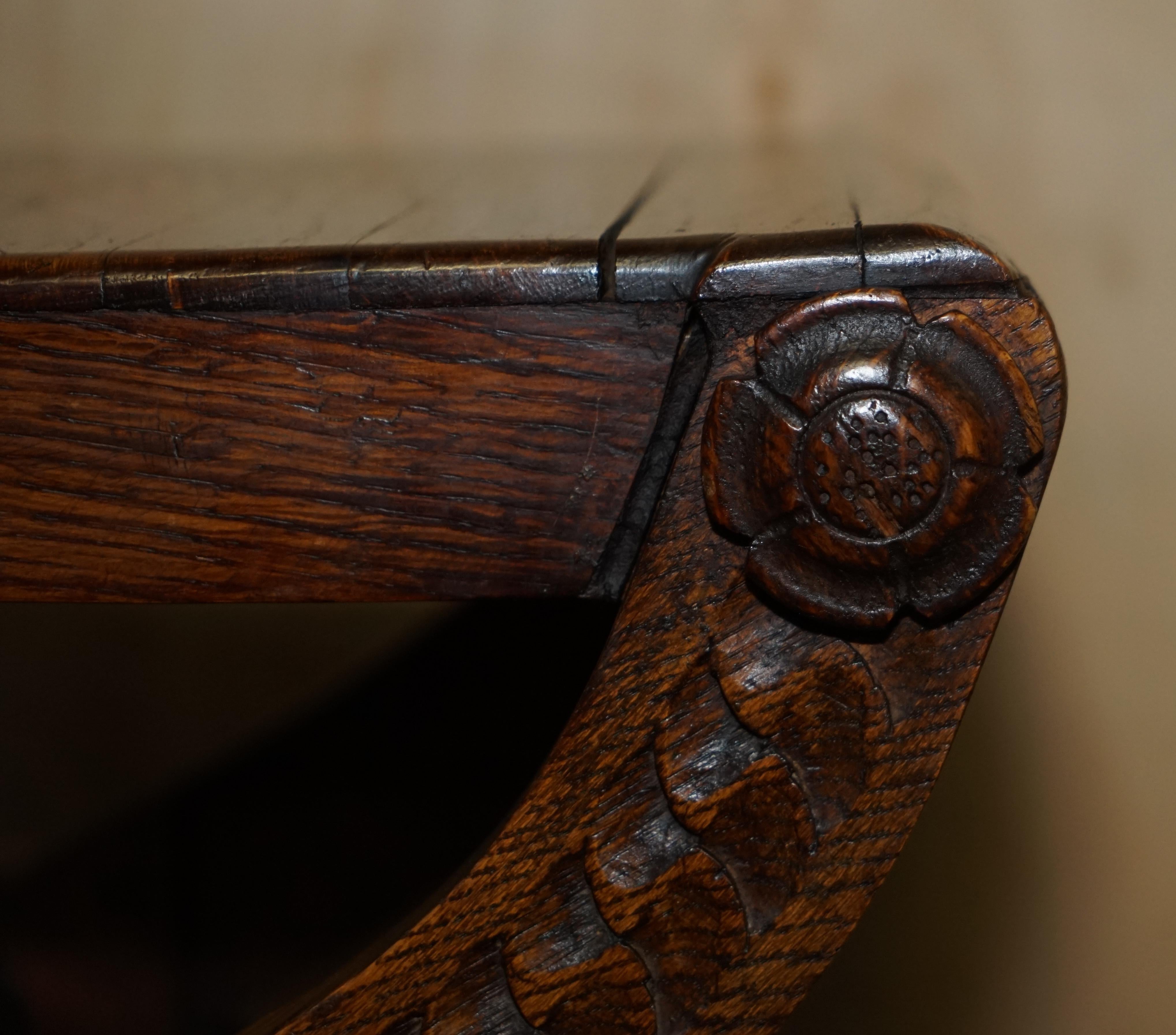 Four Vintage English Oak Jacobean Style Hand Carved Stools Part of a Large Suite For Sale 1