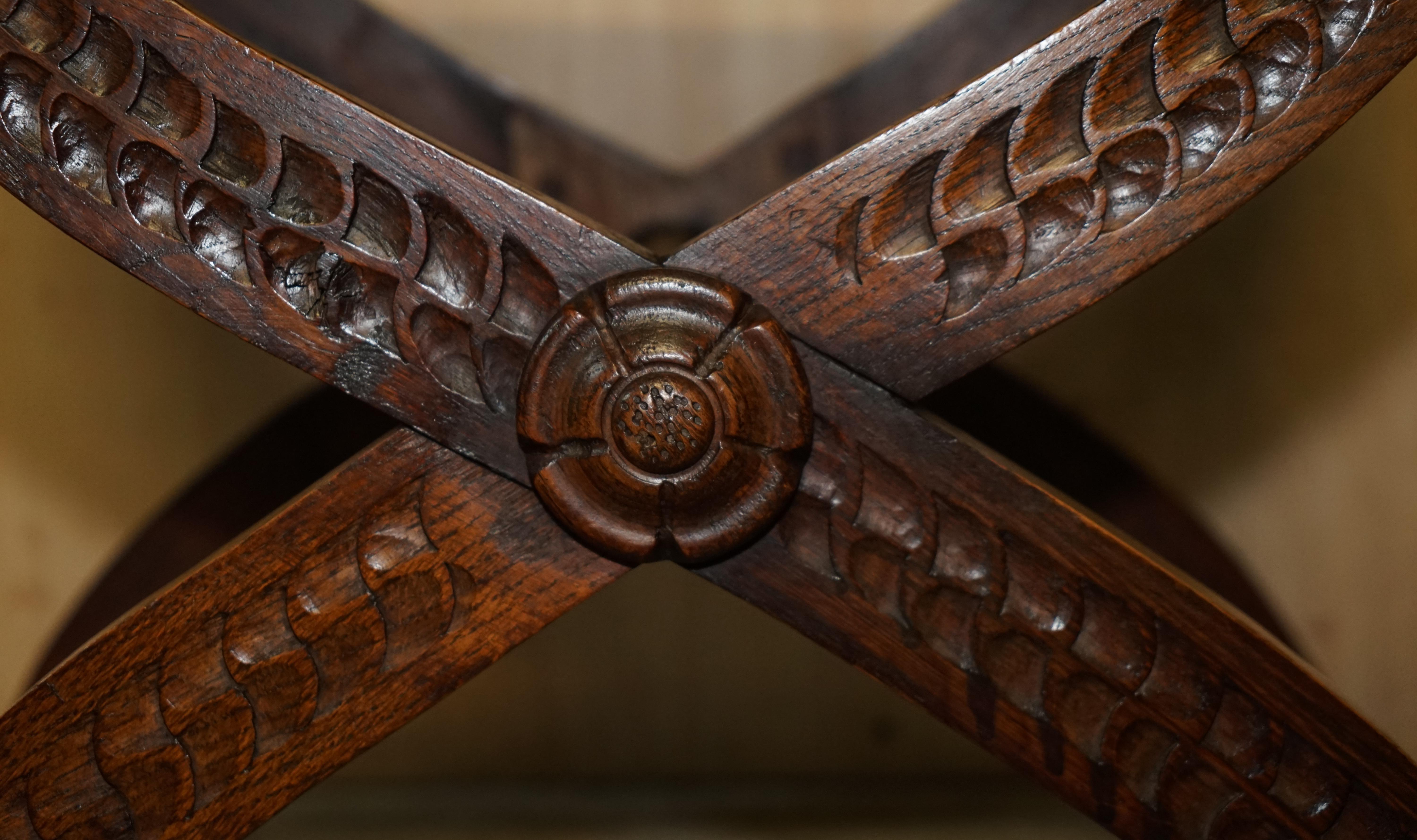 Four Vintage English Oak Jacobean Style Hand Carved Stools Part of a Large Suite For Sale 3