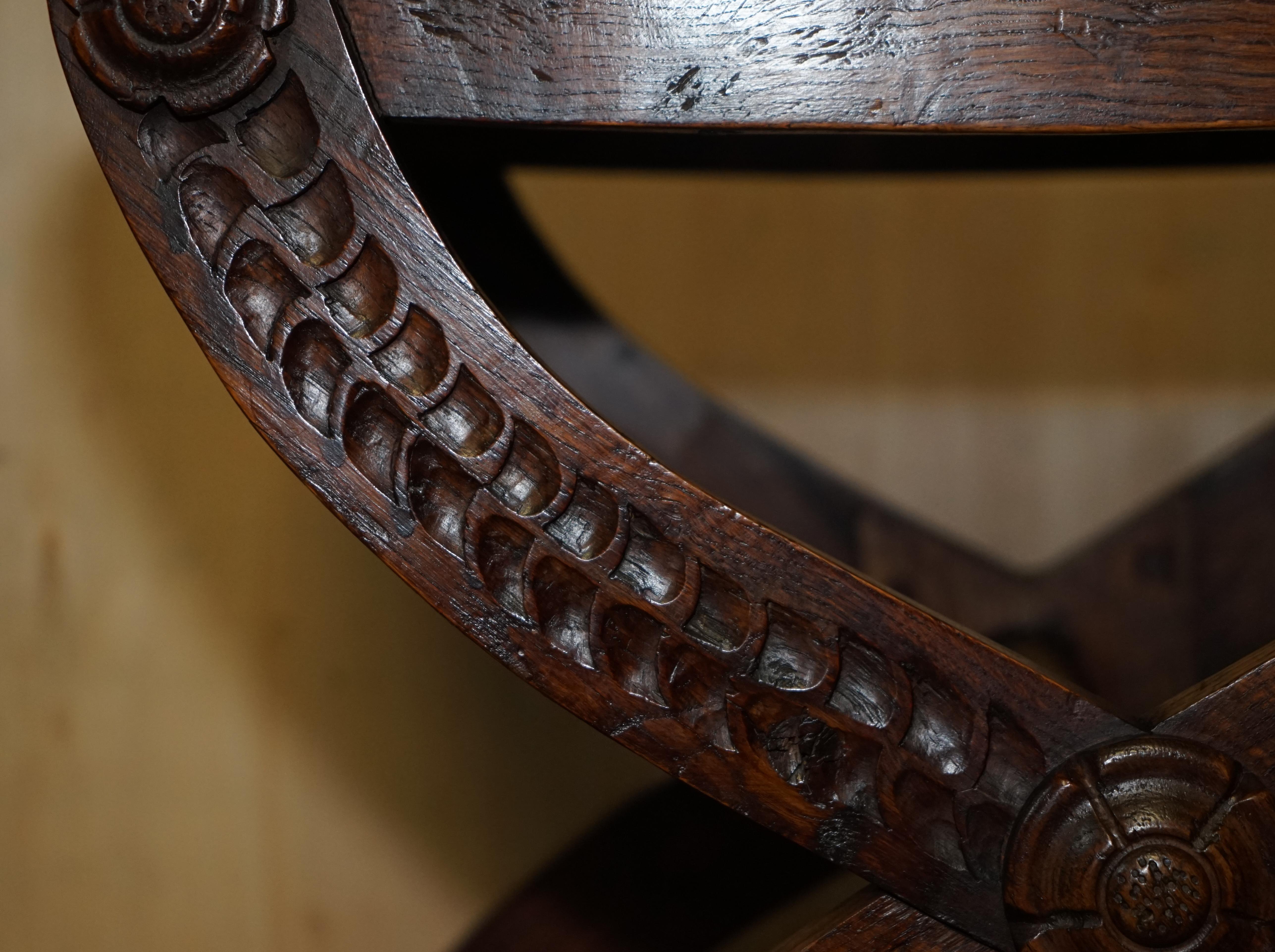 Four Vintage English Oak Jacobean Style Hand Carved Stools Part of a Large Suite For Sale 4