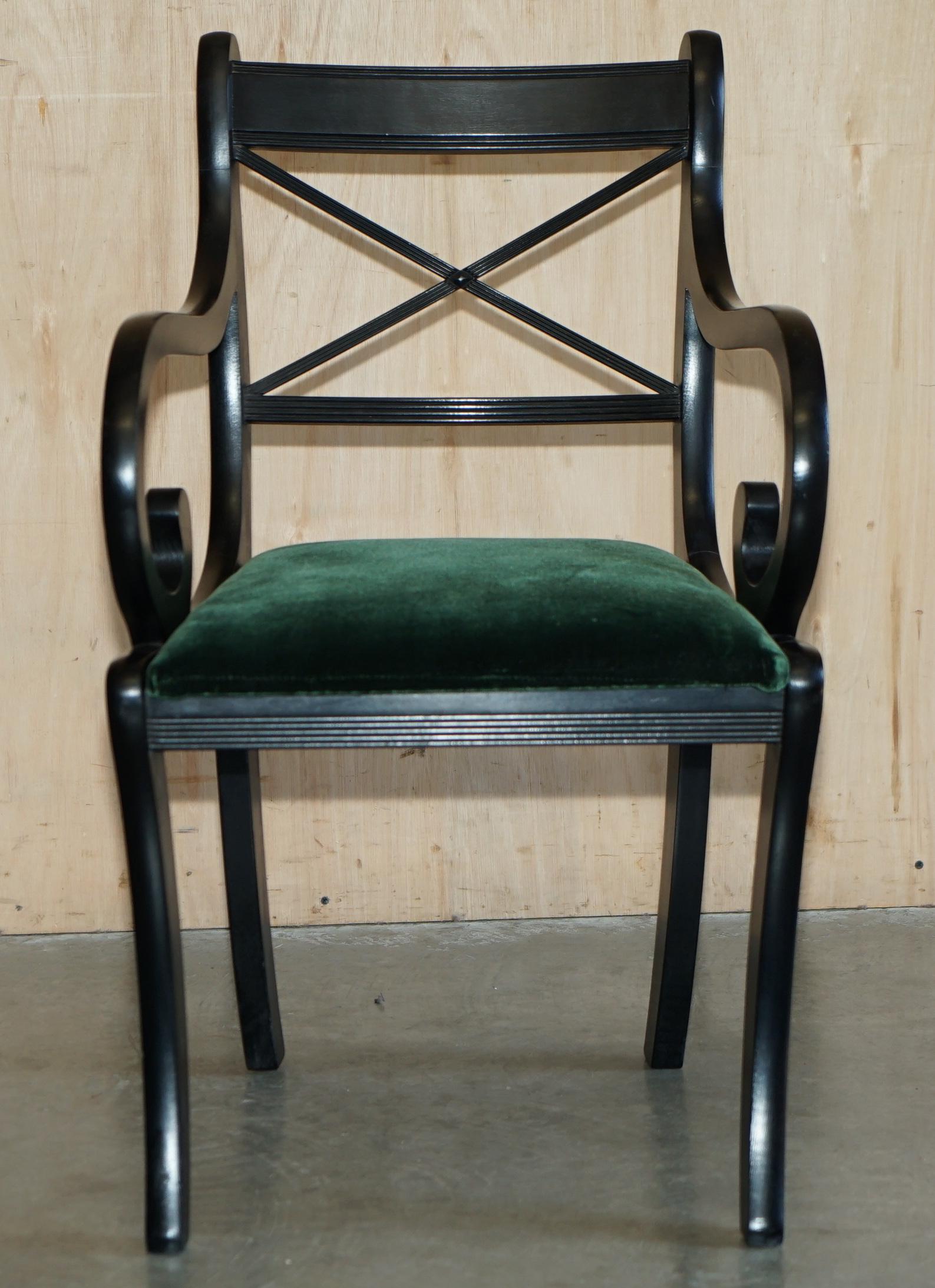 Regency FOUR VINTAGE ENGLISH REGENCY EBONISED SABRE LEG GREEN VELVET DINING CHAiRS 4 For Sale