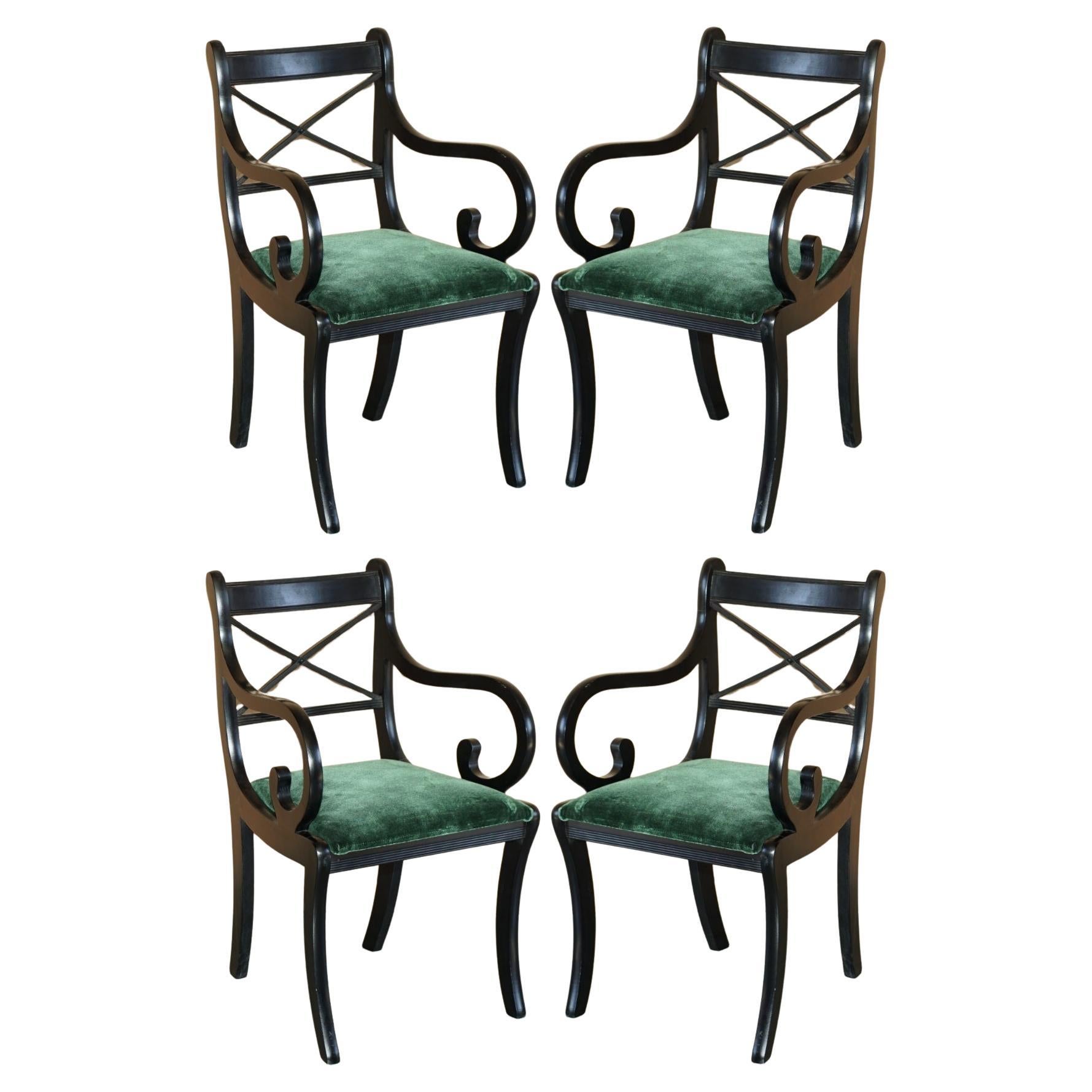 FOUR VINTAGE ENGLISH REGENCY EBONISED SABRE LEG GREEN VELVET DINING CHAiRS 4