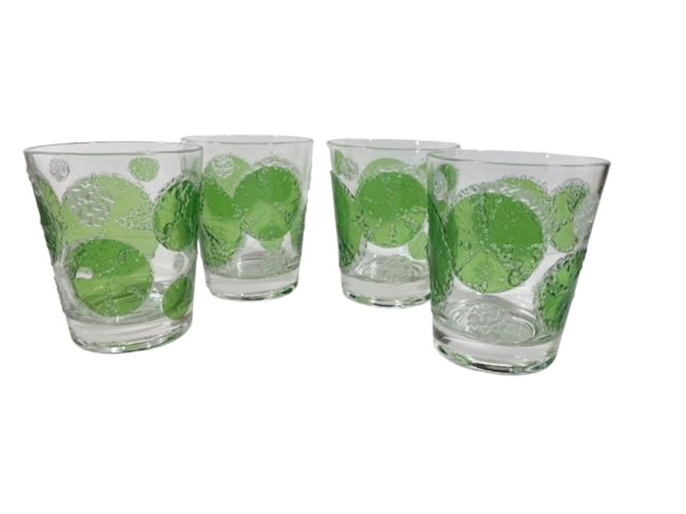Mid-Century Modern Four Vintage Fred Press Double Old Fashioned Glasses with Lime Slice Design