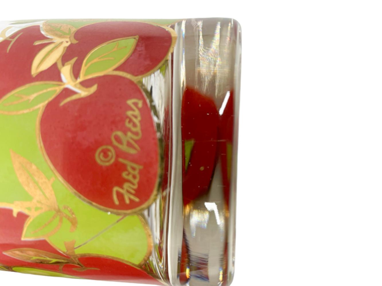 20th Century Four Vintage Fred Press Glasses with Red and Green Apples with 22k Gold Accents  For Sale