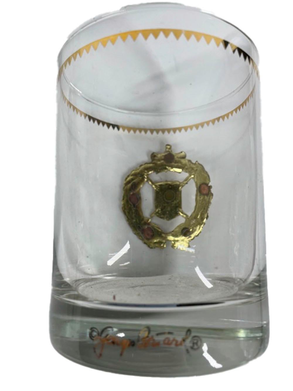 Mid-Century Modern Four Vintage Georges Briard Rocks Glasses with Applied Gilt Metal Coats-of-Arms