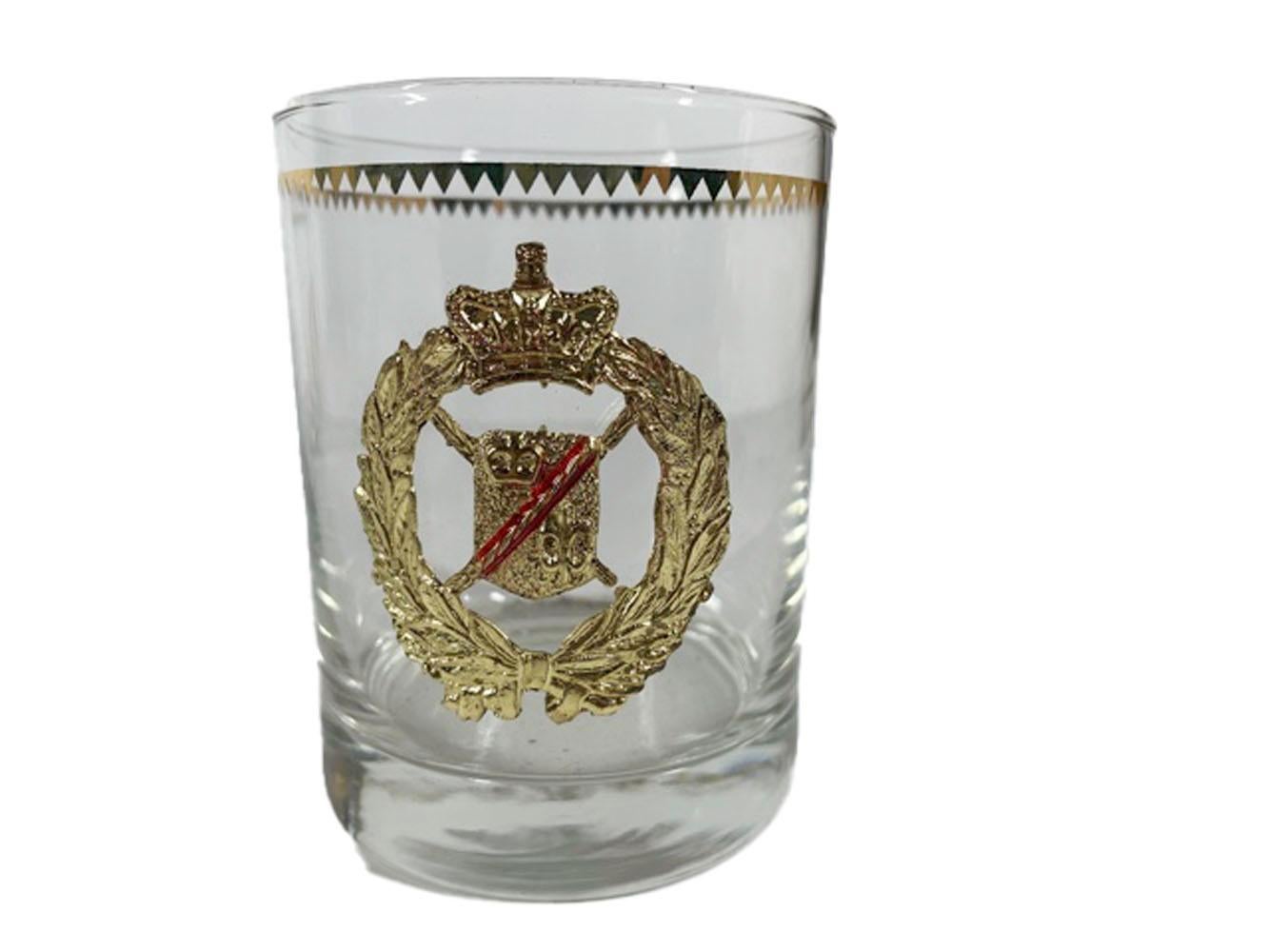 Four Vintage Georges Briard Rocks Glasses with Applied Gilt Metal Coats-of-Arms In Good Condition In Nantucket, MA