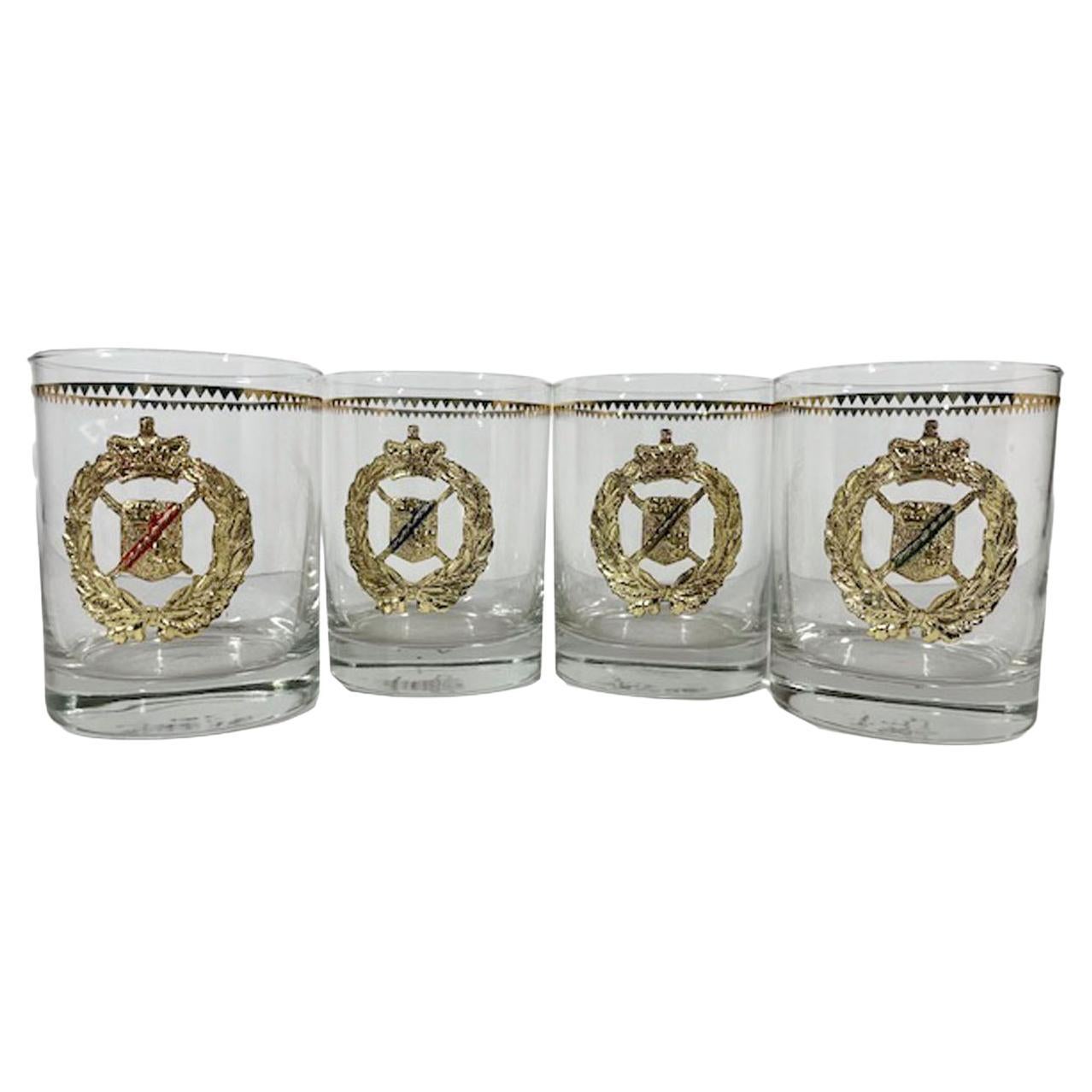 Four Vintage Georges Briard Rocks Glasses with Applied Gilt Metal Coats-of-Arms