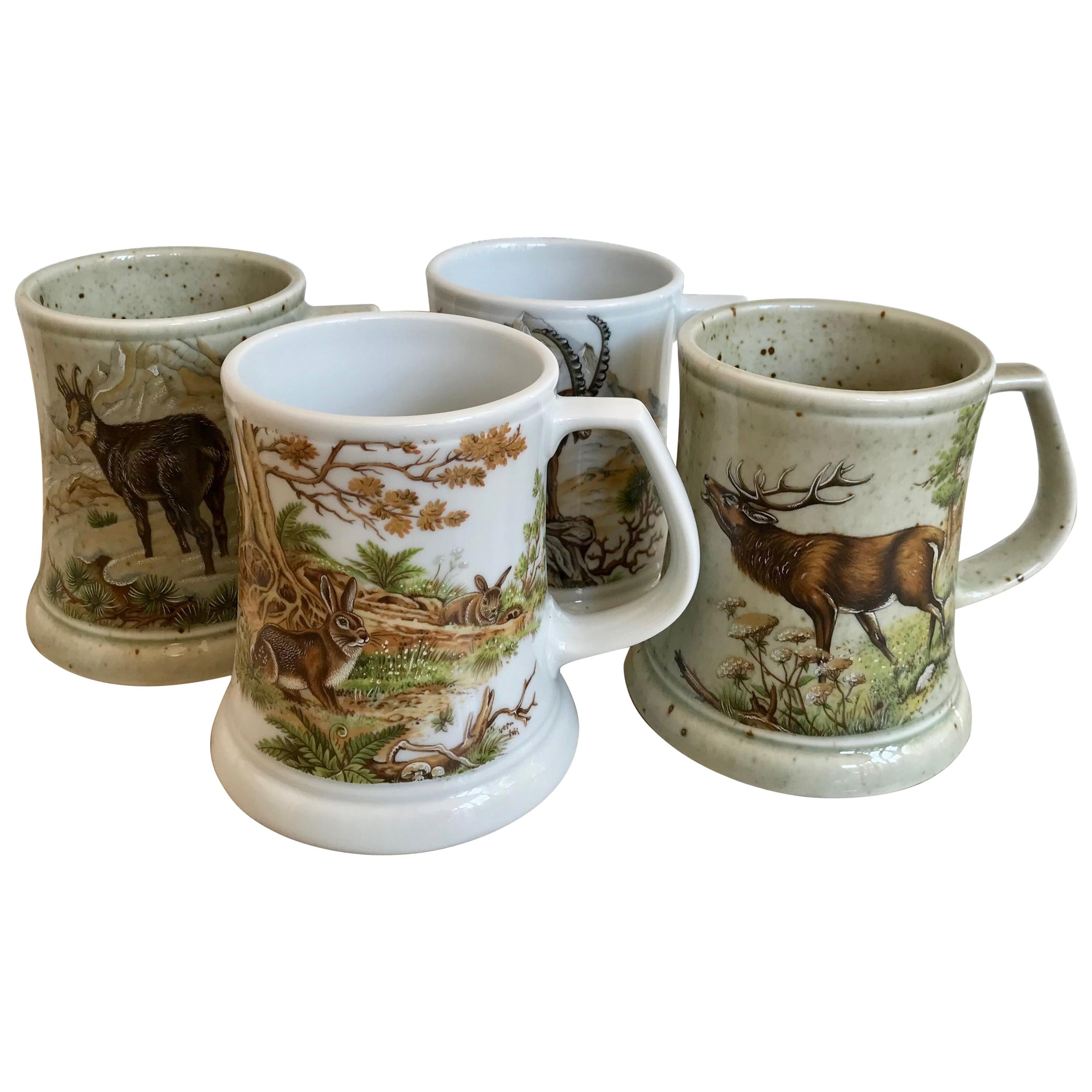 German "Black Forest"Mugs Painted with Wild Game; Deer, Rabbits & Mountain Goats For Sale