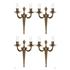 FOUR Antique GILT BRASS TWiN BRANCH FRENCH WALL SCONCES LIGHTS WITH FAUX CANDLE