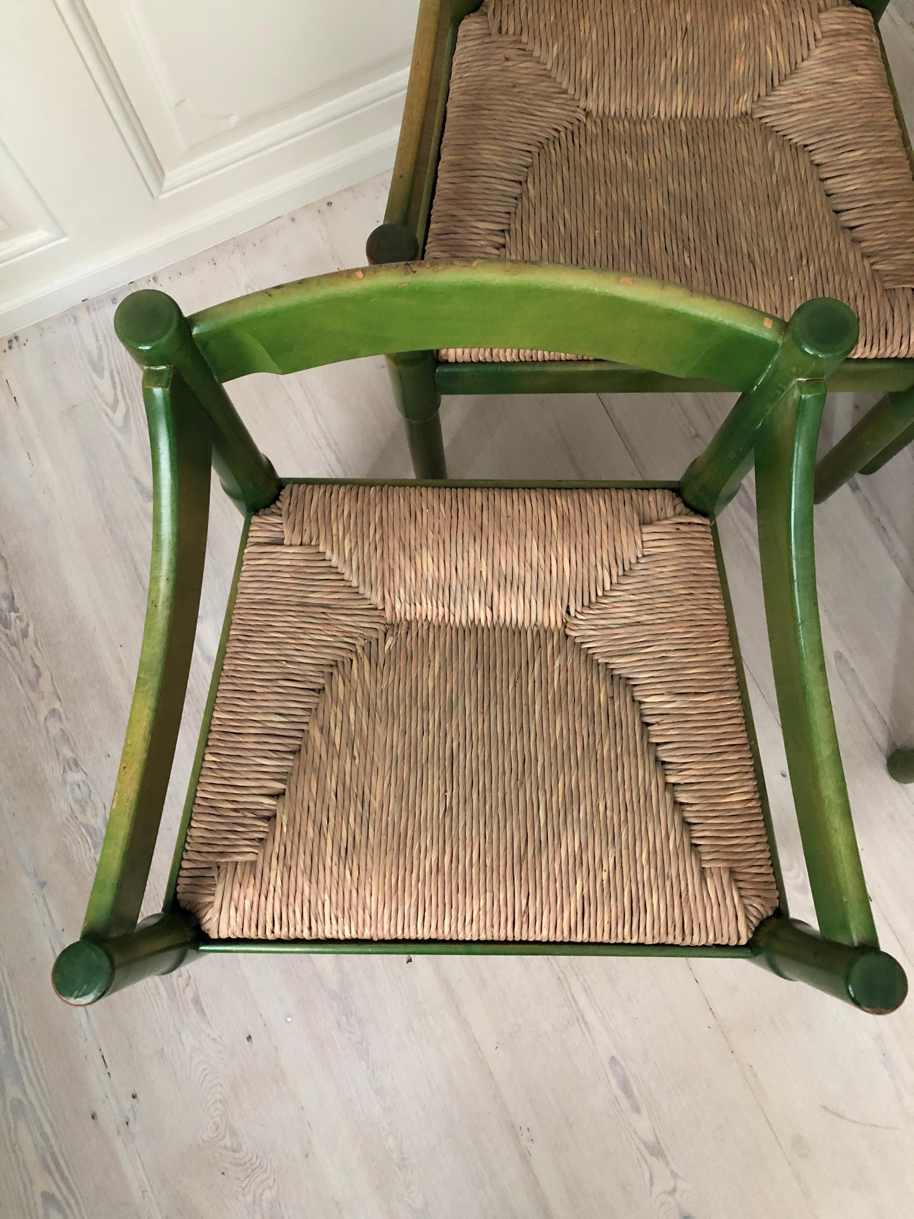 Italian Four Vintage Green Painted Vico Magistretti Wood Carimate Armchairs, Italy, 1959