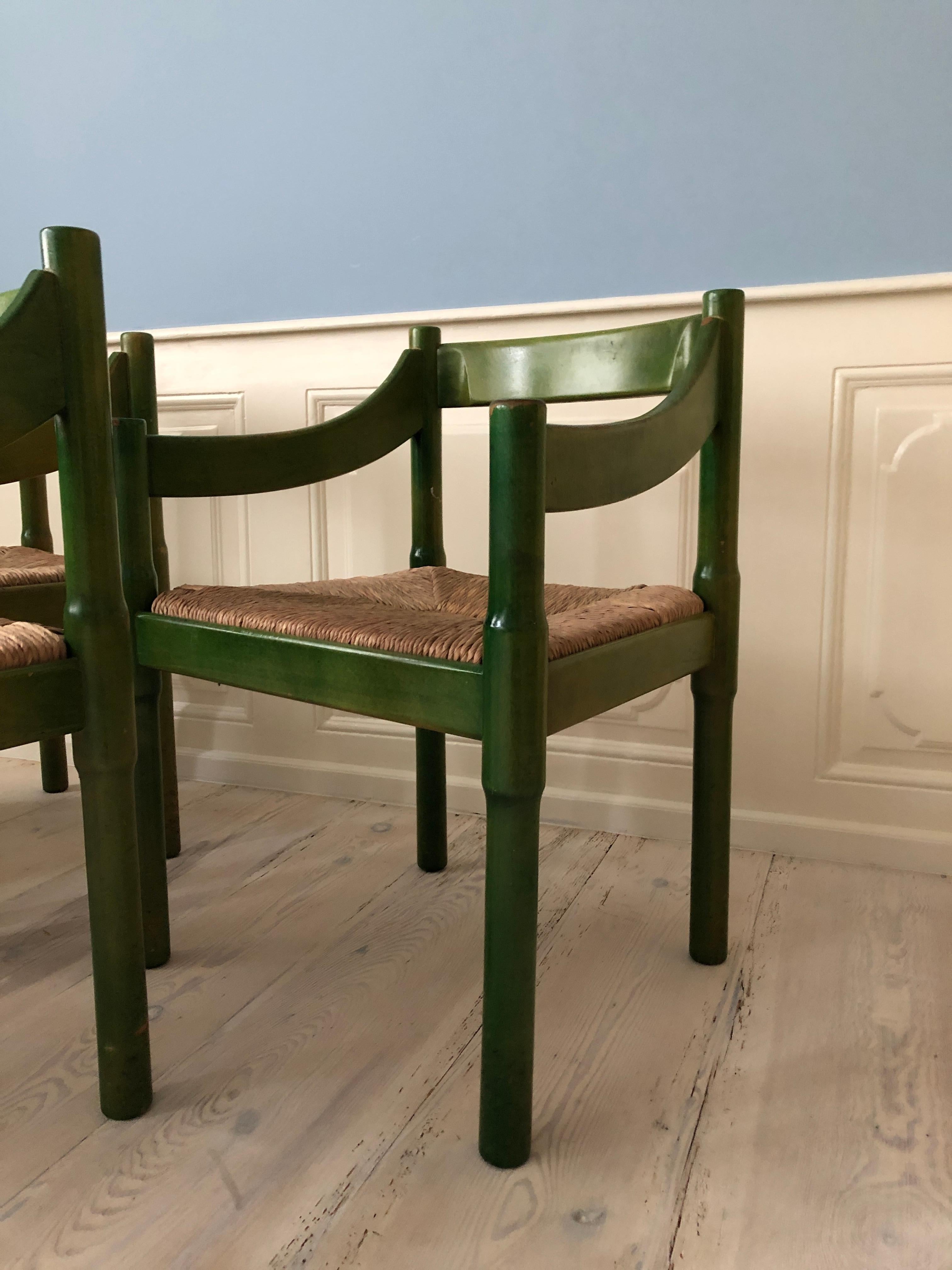 Four Vintage Green Painted Vico Magistretti Wood Carimate Armchairs, Italy, 1959 In Good Condition In Copenhagen K, DK