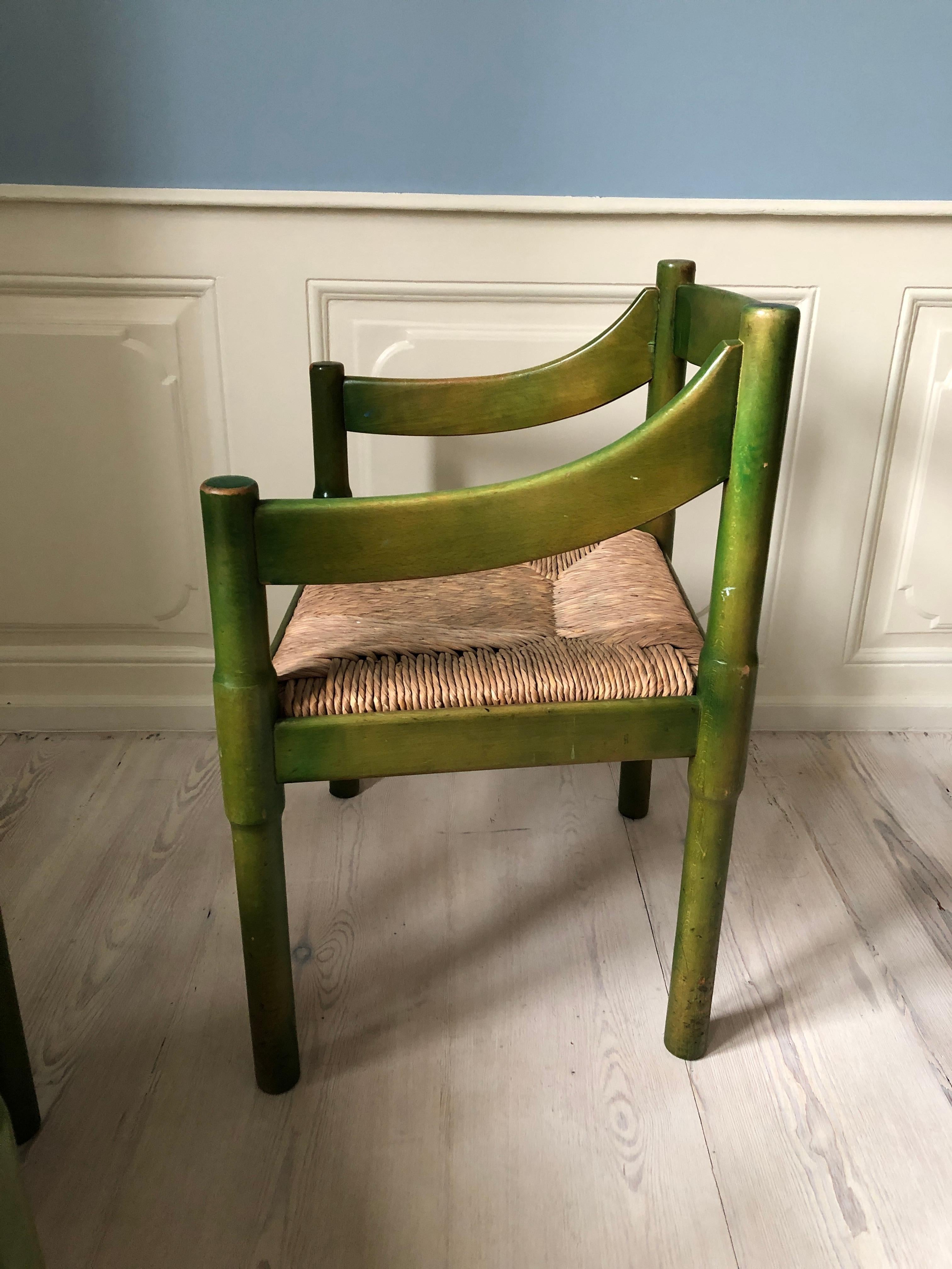 Four Vintage Green Painted Vico Magistretti Wood Carimate Armchairs, Italy, 1959 1