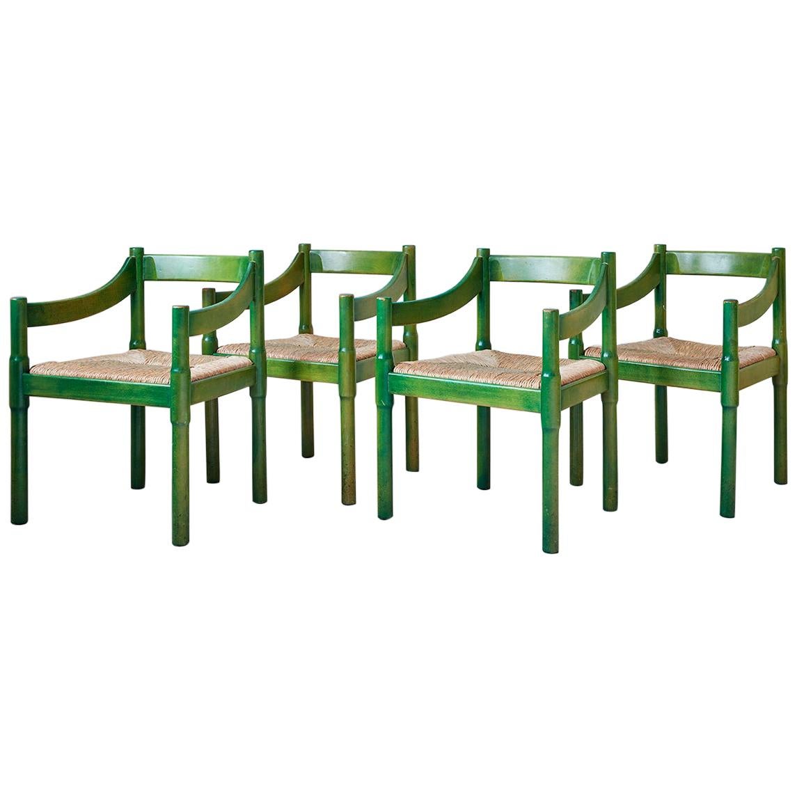 Four Vintage Green Painted Vico Magistretti Wood Carimate Armchairs, Italy, 1959