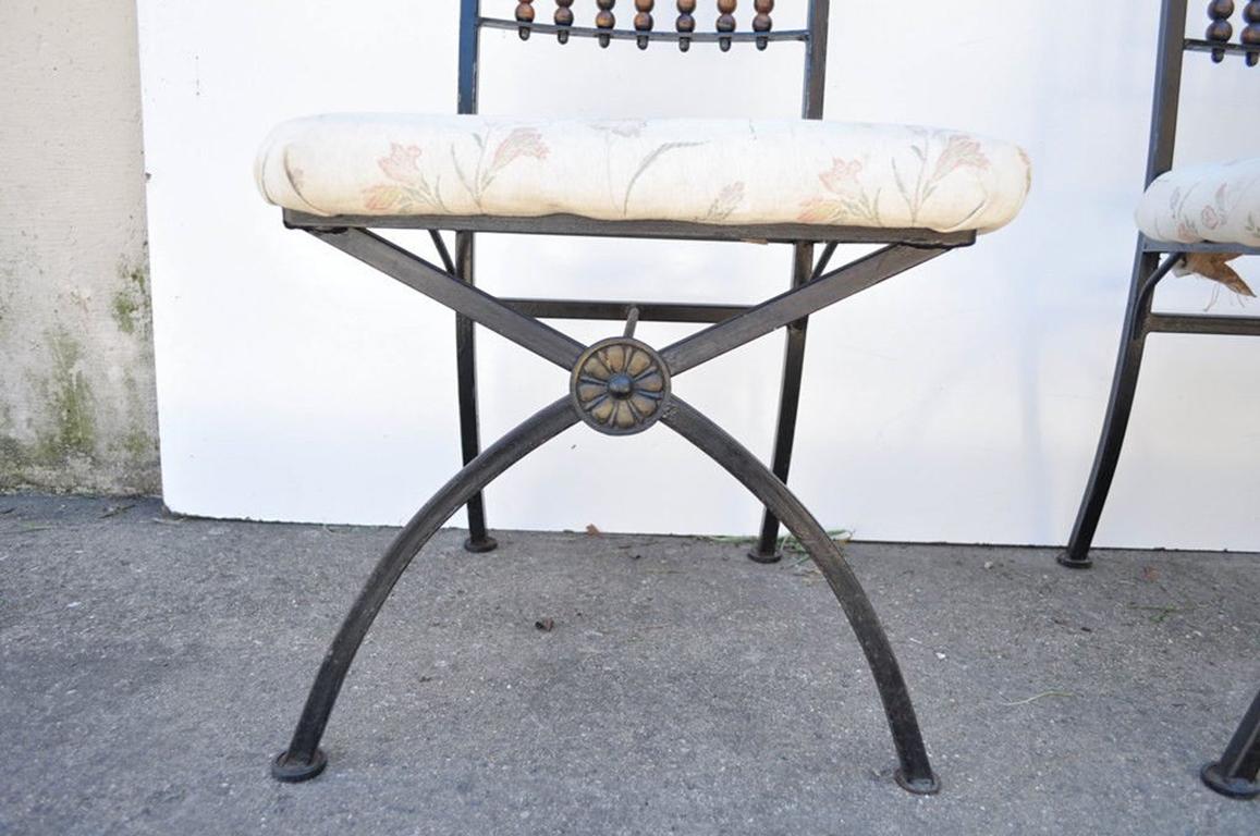 Four Vintage Hollywood Regency Beaded Abacus X-Form Wrought Iron Dining Chairs 2