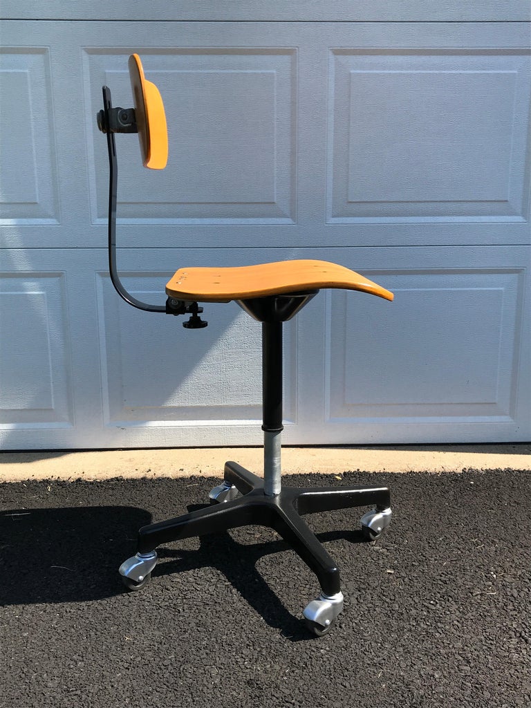 Four Vintage Industrial Ajustrite Bentwood Drafting Chairs, Restored