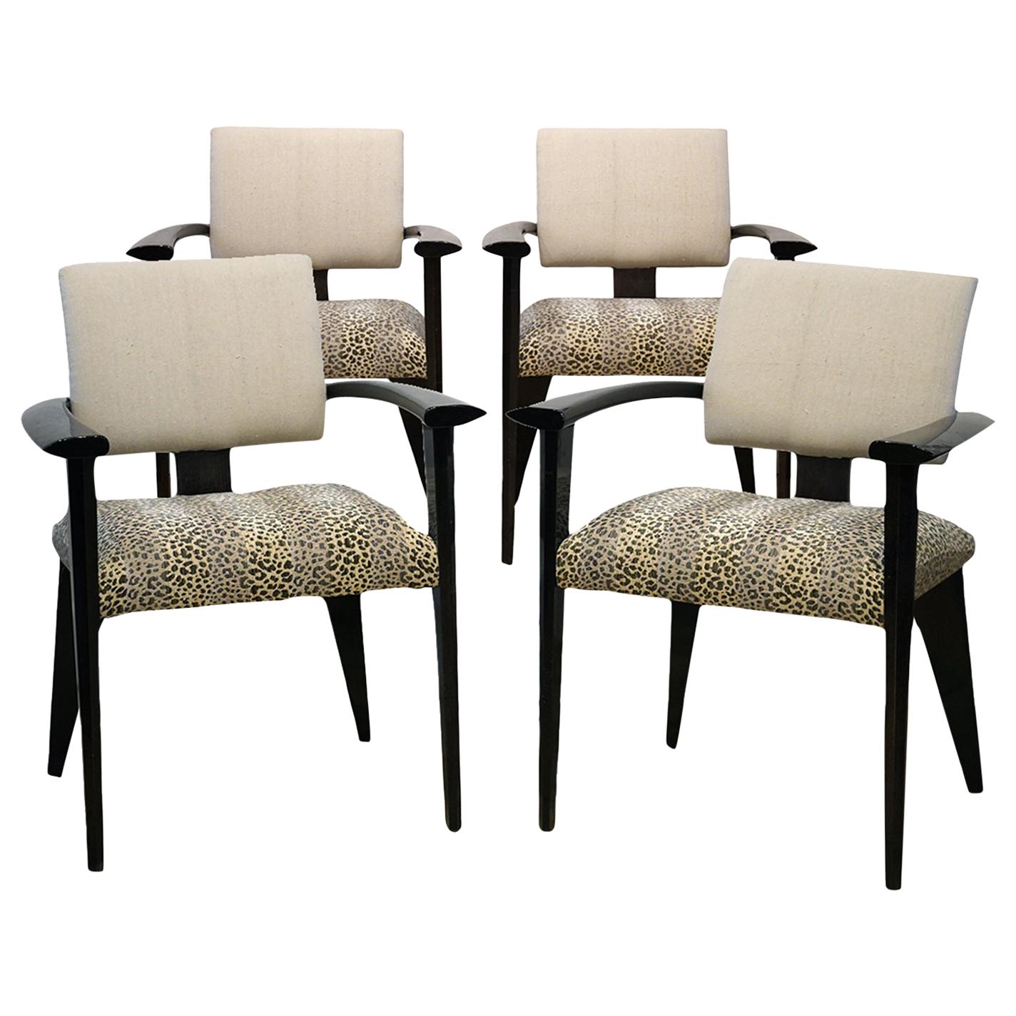 Four Vintage Italian Lacquered Armchairs with Upholstered Seats and Backrests