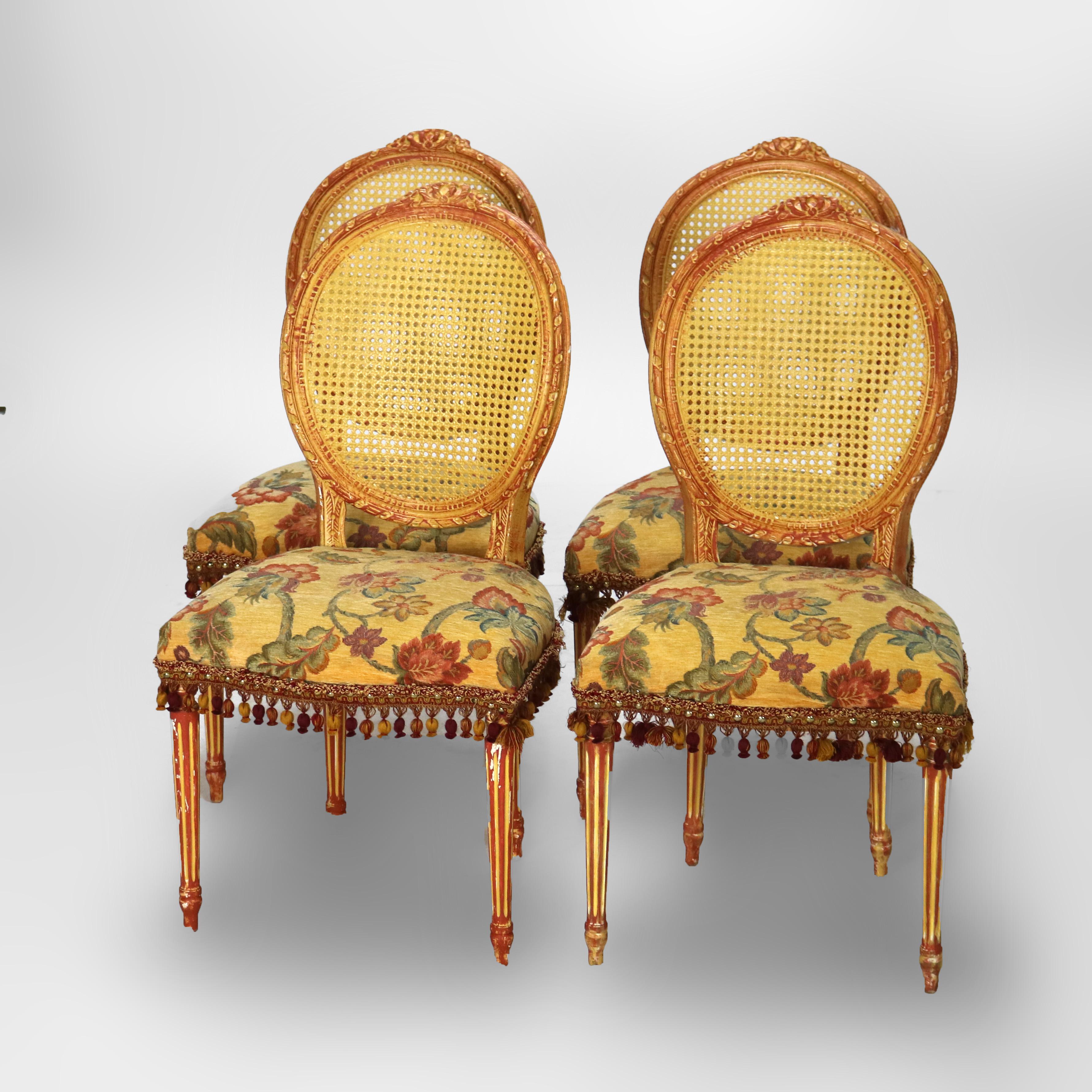 Vier Vintage Louis XV Polychromed & gepresst Cane Wohnzimmer Stühle C1940 (Polychromiert) im Angebot