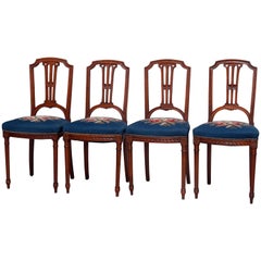 Four Vintage Louis XVI Carved Mahogany and Needlepoint Side Chairs, circa 1940