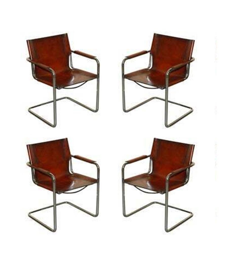 We are delighted to offer for sale this sublime suite of four original fully stamped Matteo Grassi MG5 circa 1970 whisky brown leather armchairs designed by the genius that was Marcel Breuer

If you’re looking at this listing then the chances are