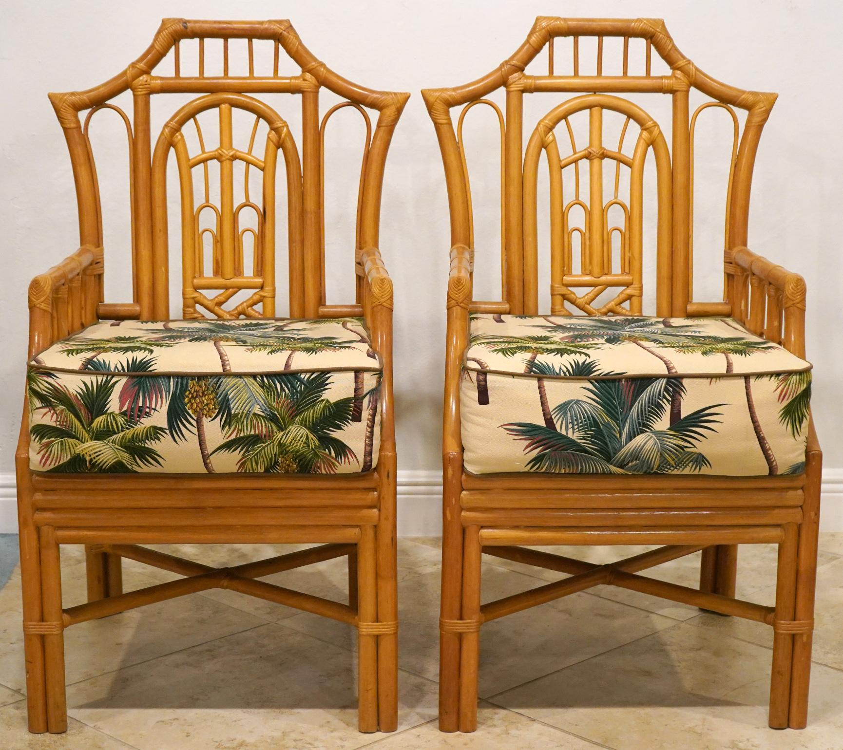 American Four Vintage Mcguire Style Chippendale Chinoiserie Pagoda Back Rattan Armchairs