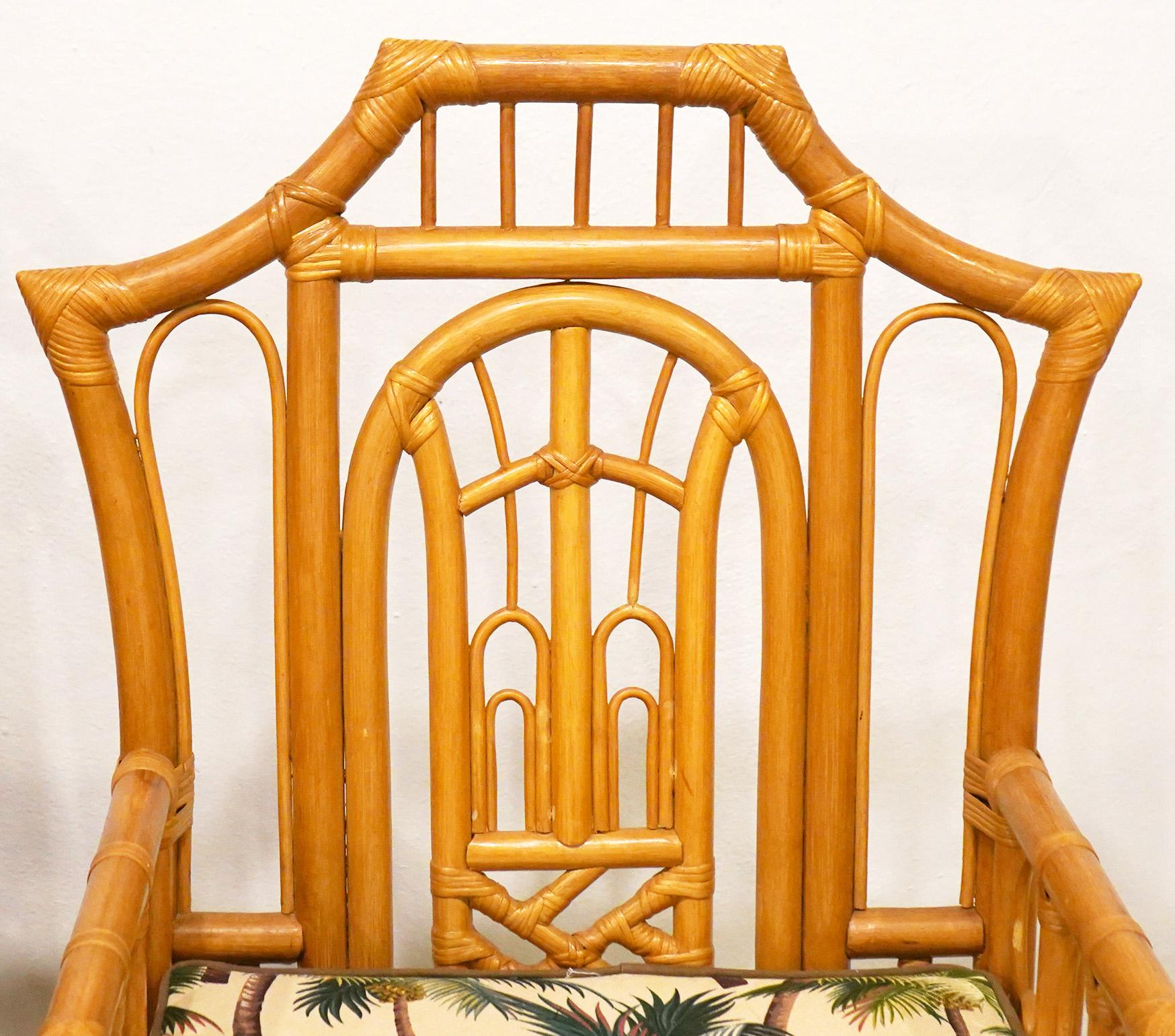 Four Vintage Mcguire Style Chippendale Chinoiserie Pagoda Back Rattan Armchairs In Good Condition In Ft. Lauderdale, FL