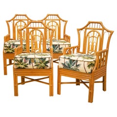 Four Vintage Mcguire Style Chippendale Chinoiserie Pagoda Back Rattan Armchairs