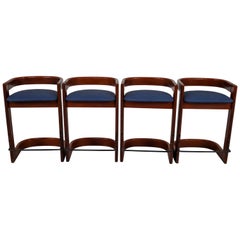 Four Vintage Mid-Century Modern Oak Bar Stools in Bleu Fabric, Belgium, 1970s