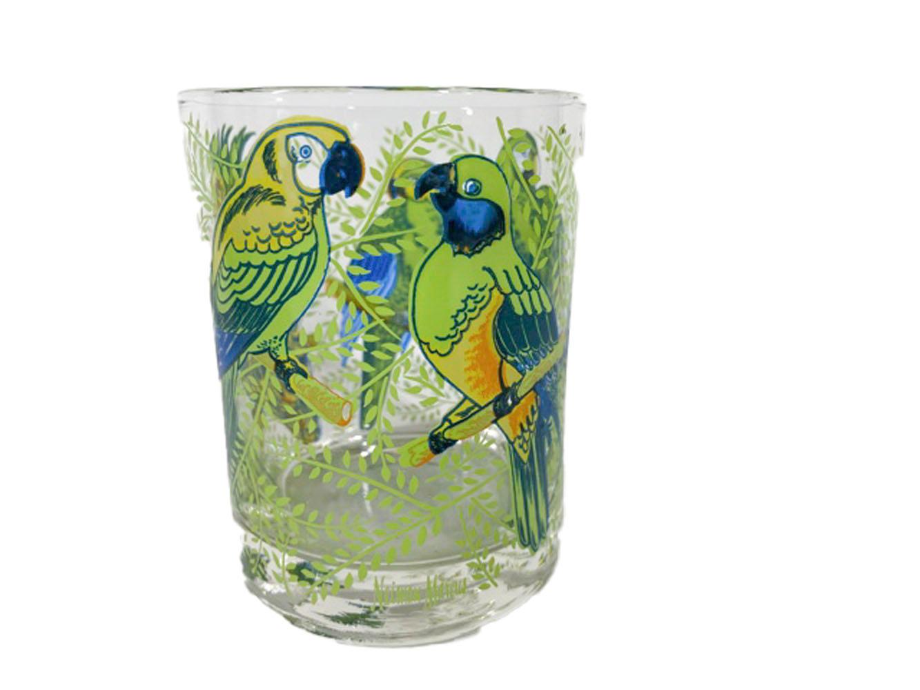 Mid-Century Modern Four Vintage Neiman-Marcus Rocks Glasses with Parrots Among Leafy Branchers For Sale