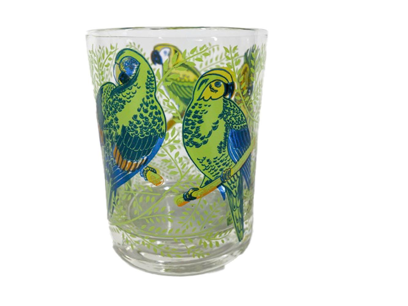 American Four Vintage Neiman-Marcus Rocks Glasses with Parrots Among Leafy Branchers For Sale