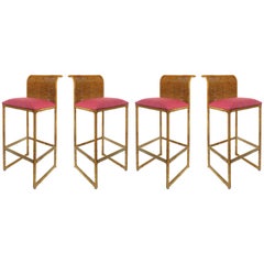 Four Vintage Rattan Bar Stools with Newly Upholstered Seat Cushions