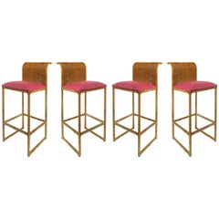 Four Vintage Rattan Bar Stools with Newly Upholstered Seat Cushions