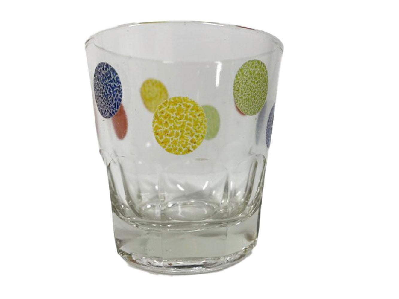 Mid-Century Modern Four Vintage Rocks Glasses with Textured Colored Dots over Paneled Bases For Sale
