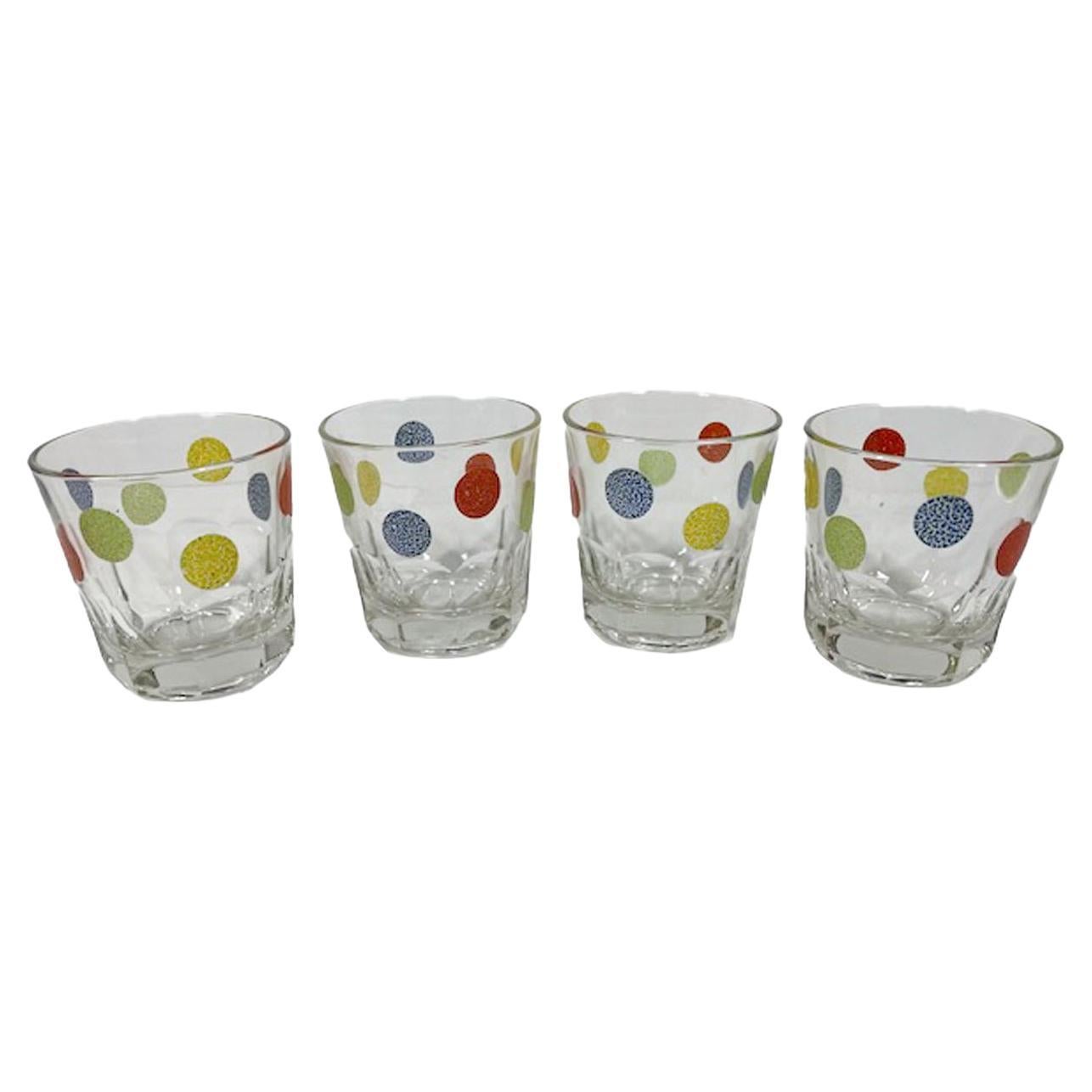 Four Vintage Rocks Glasses with Textured Colored Dots over Paneled Bases For Sale