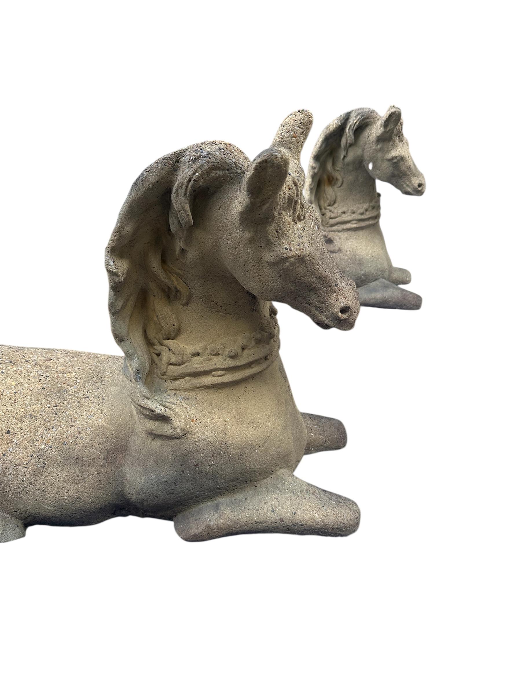 Cast Four Vintage Stone Recumbent Horse Garden Statues. For Sale