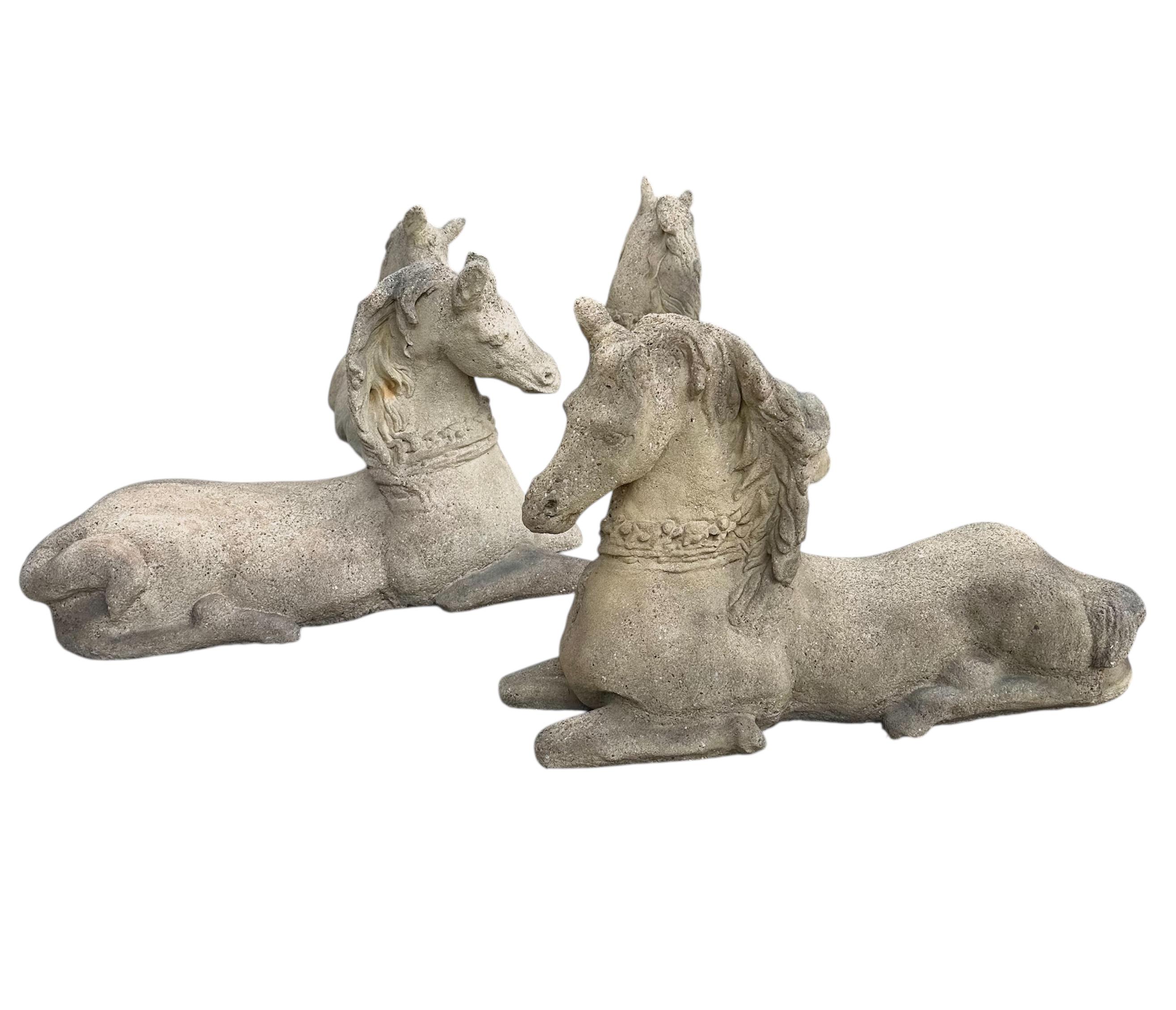 20th Century Four Vintage Stone Recumbent Horse Garden Statues. For Sale
