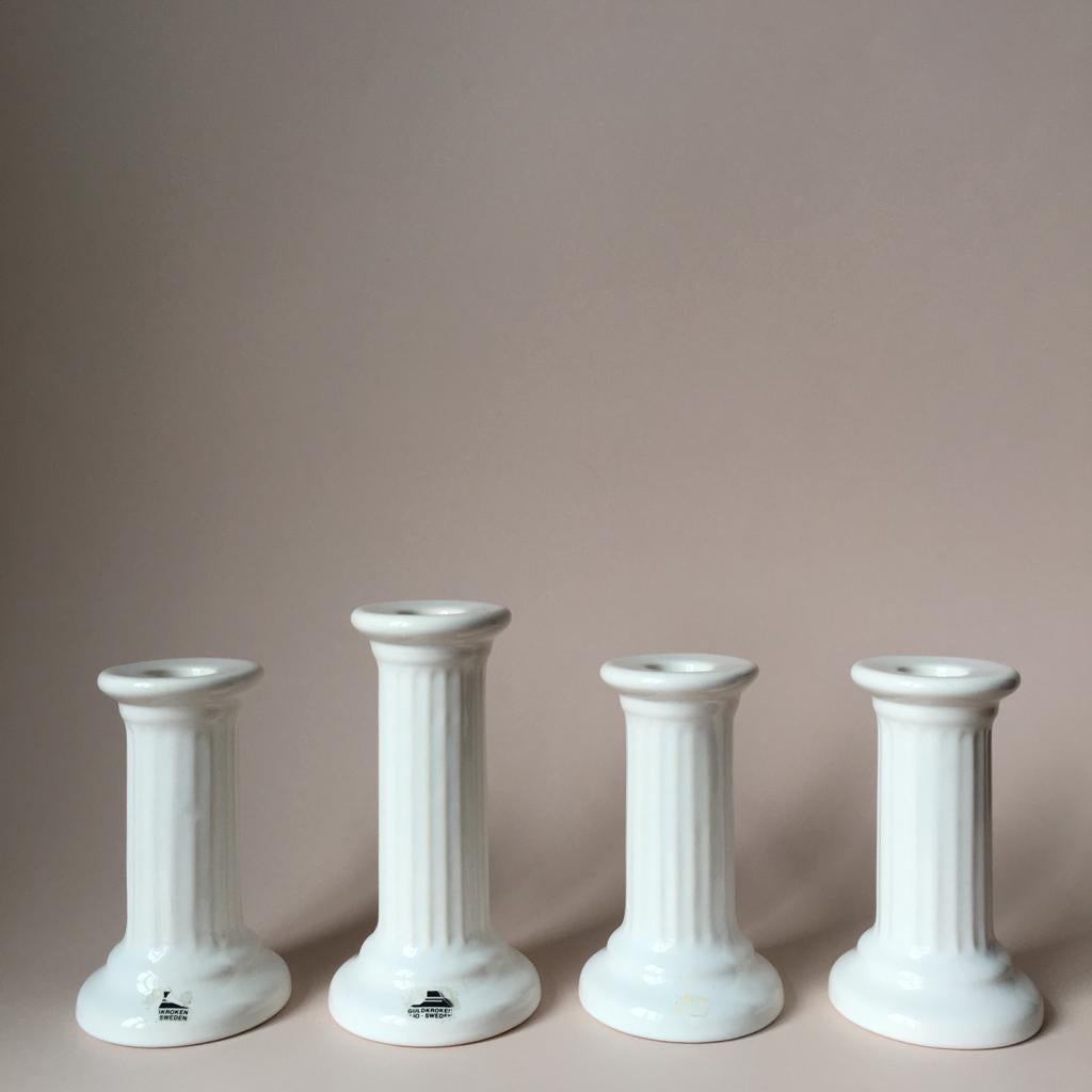 Mid-20th Century Four Vintage Swedish Ceramic Column Design White Candle Holders from Guldkroken
