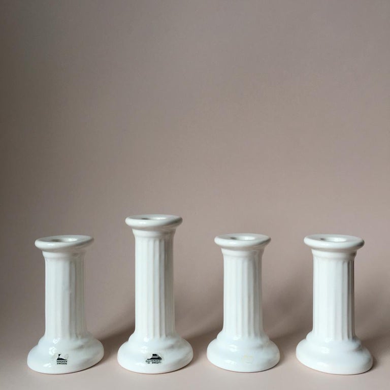 Four Vintage Swedish Ceramic Column Design White Candle Holders from