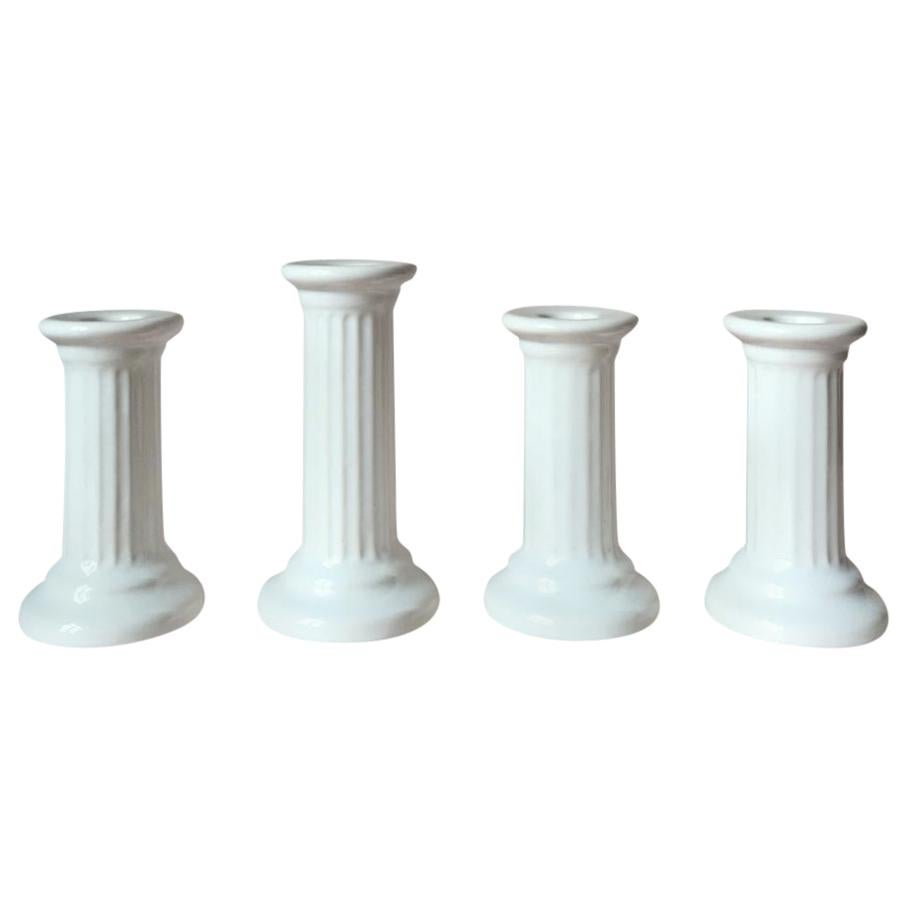 Four Vintage Swedish Ceramic Column Design White Candle Holders from Guldkroken