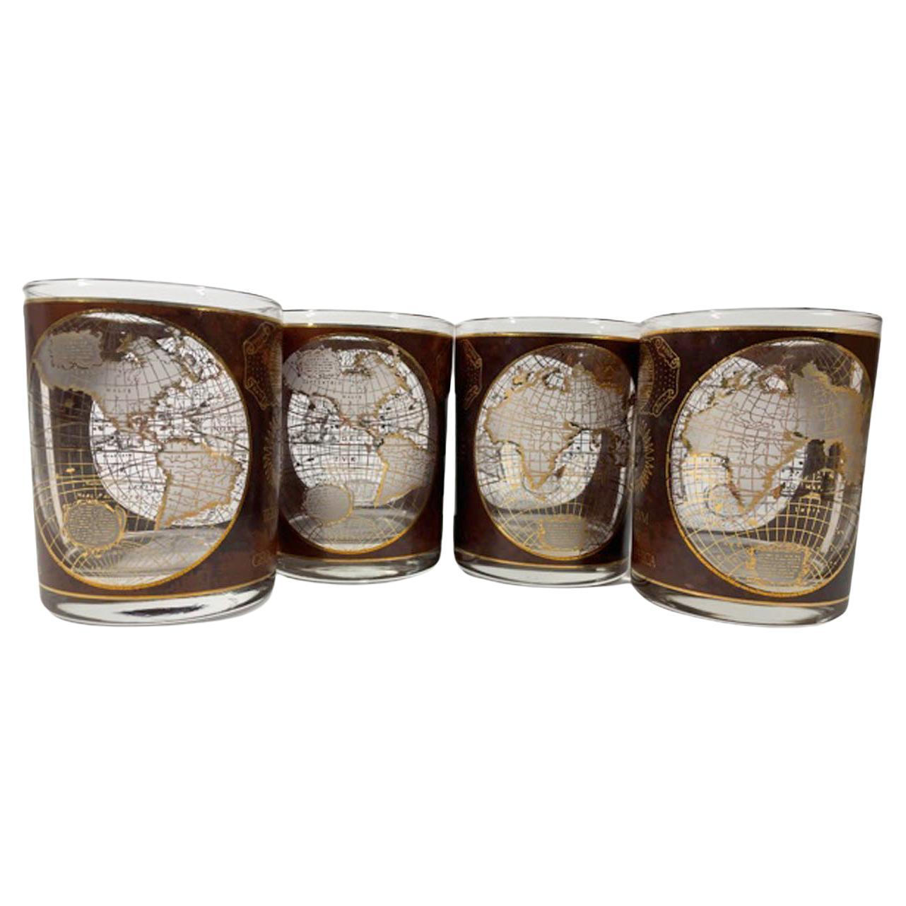 Four Vintage Terrarum Orbis Geographica Pattern Rocks Glasses by Culver, Ltd For Sale