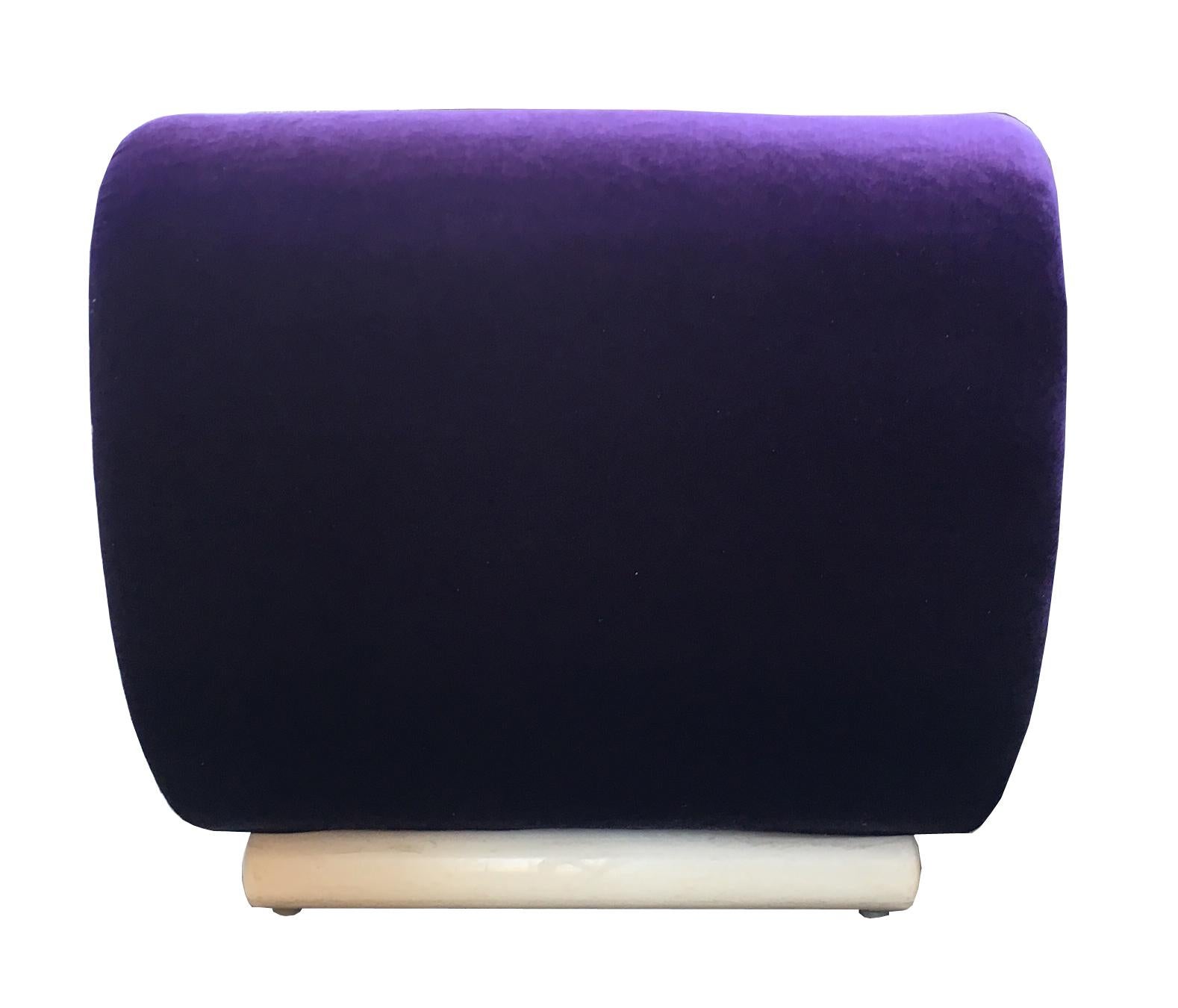 Four armchairs with a curved profile covered with violet velvet, white lacquered wooden bases, Italy, 1970s. Dimensions: cm 72 x 93 x 76 H; H seat cm 41.
