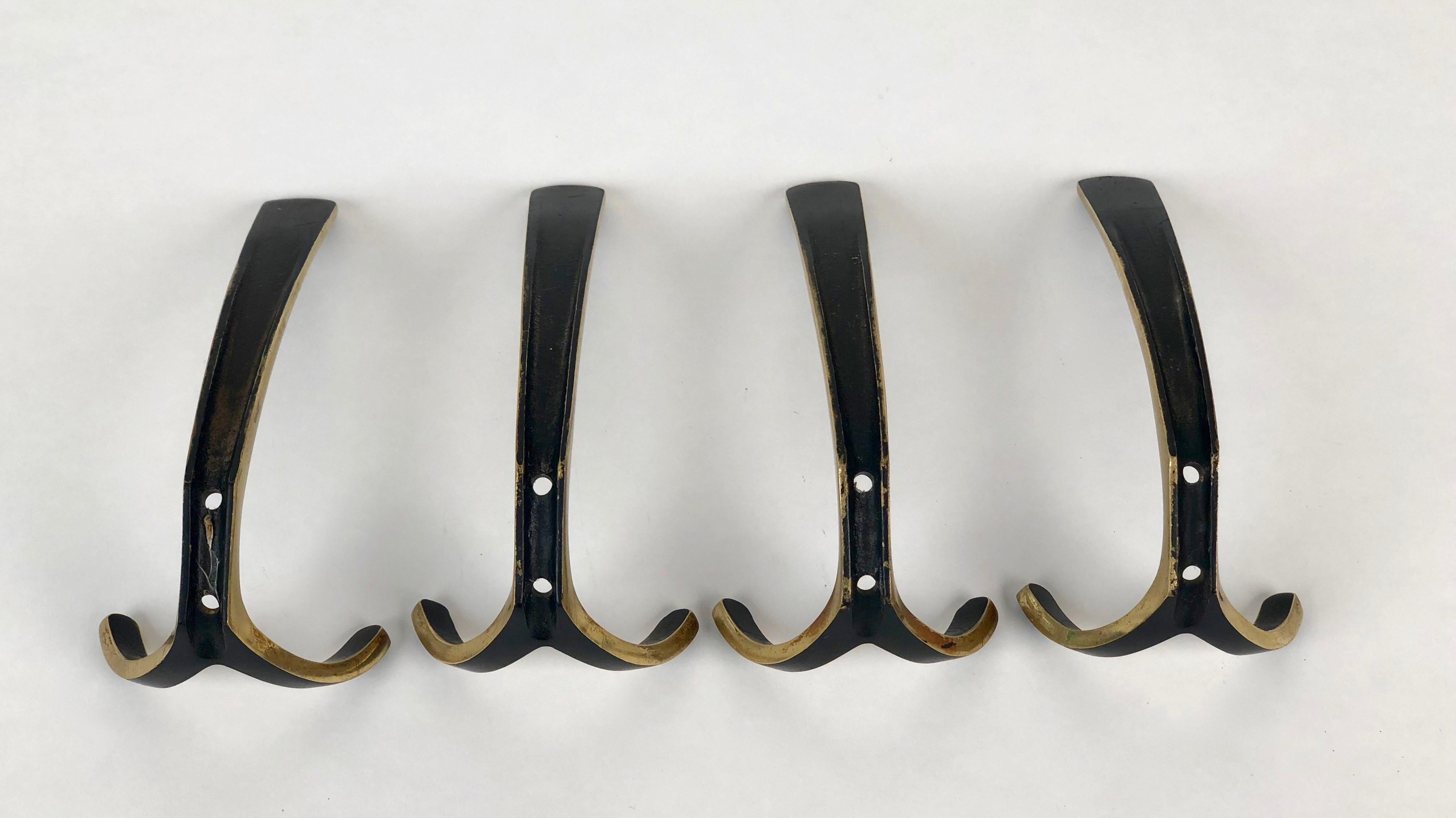 Mid-Century Modern Four Wall-Mounted Brass Hooks by Hertha Baller, Austria, 1950