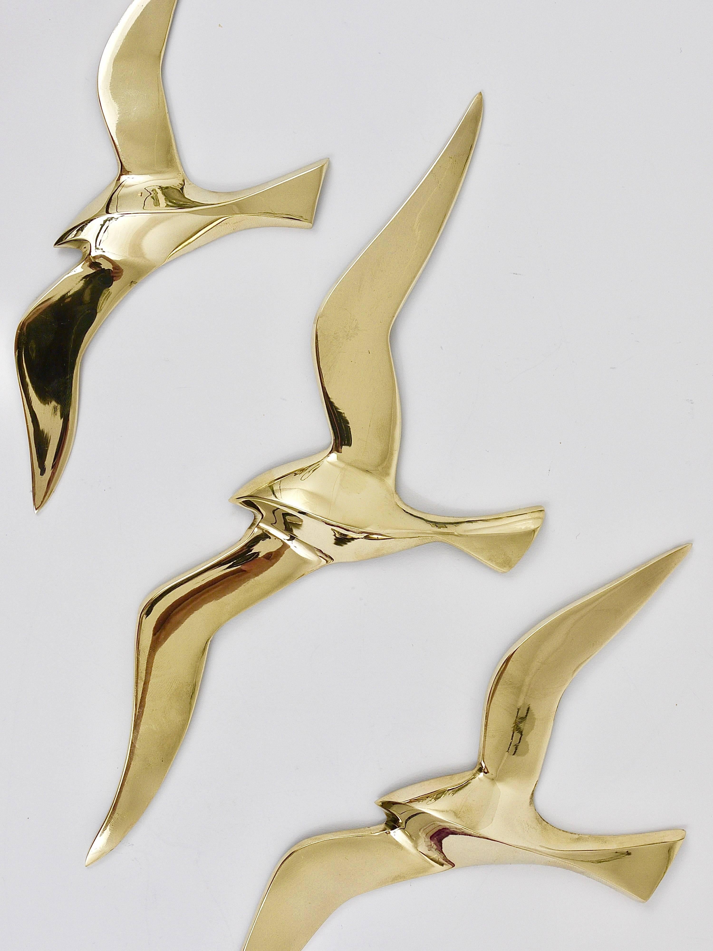 Austrian Four Wall-Mounted Midcentury Seagull Bird Brass Sculptures, Austria, 1950s