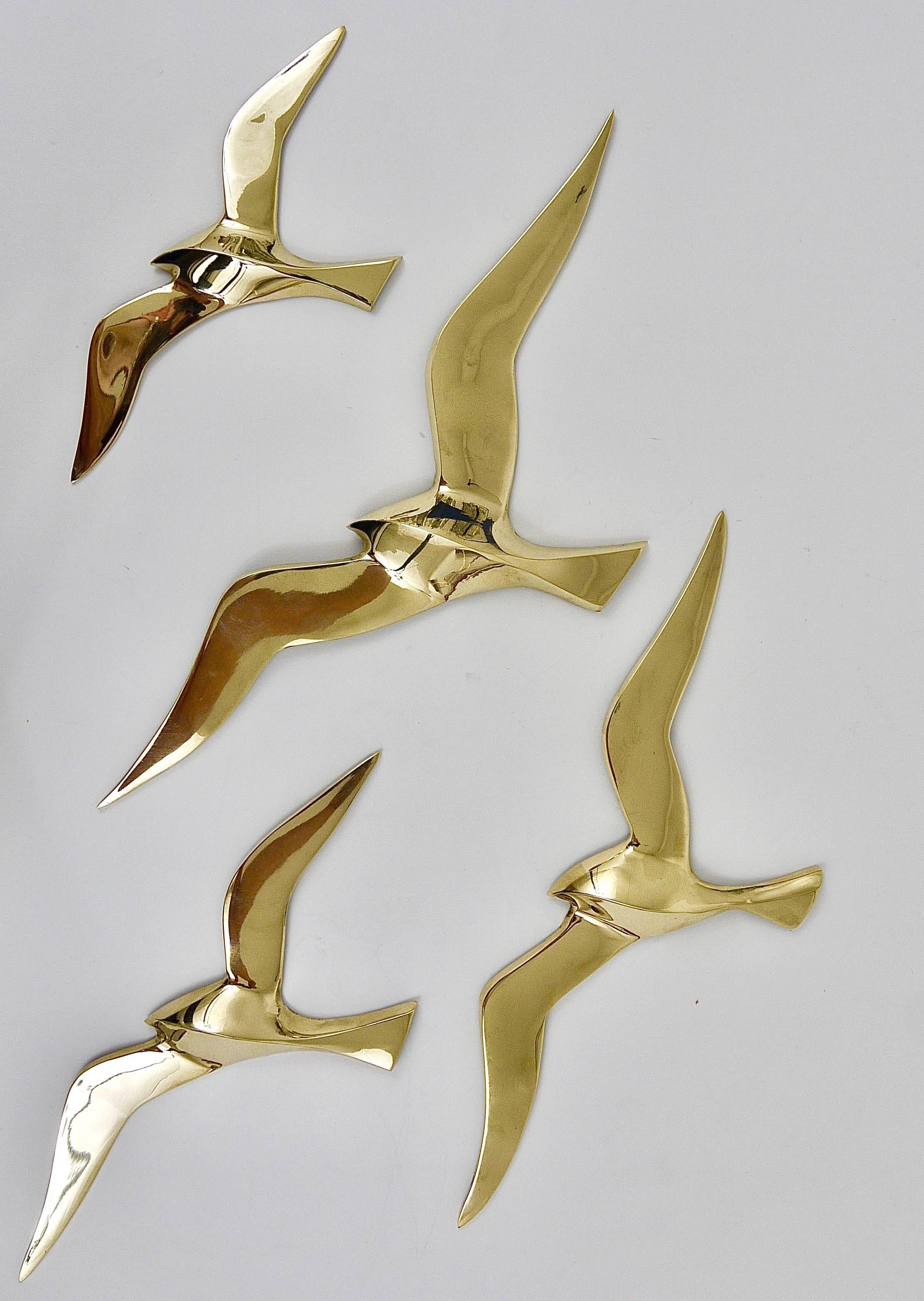 Polished Four Wall-Mounted Midcentury Seagull Bird Brass Sculptures, Austria, 1950s