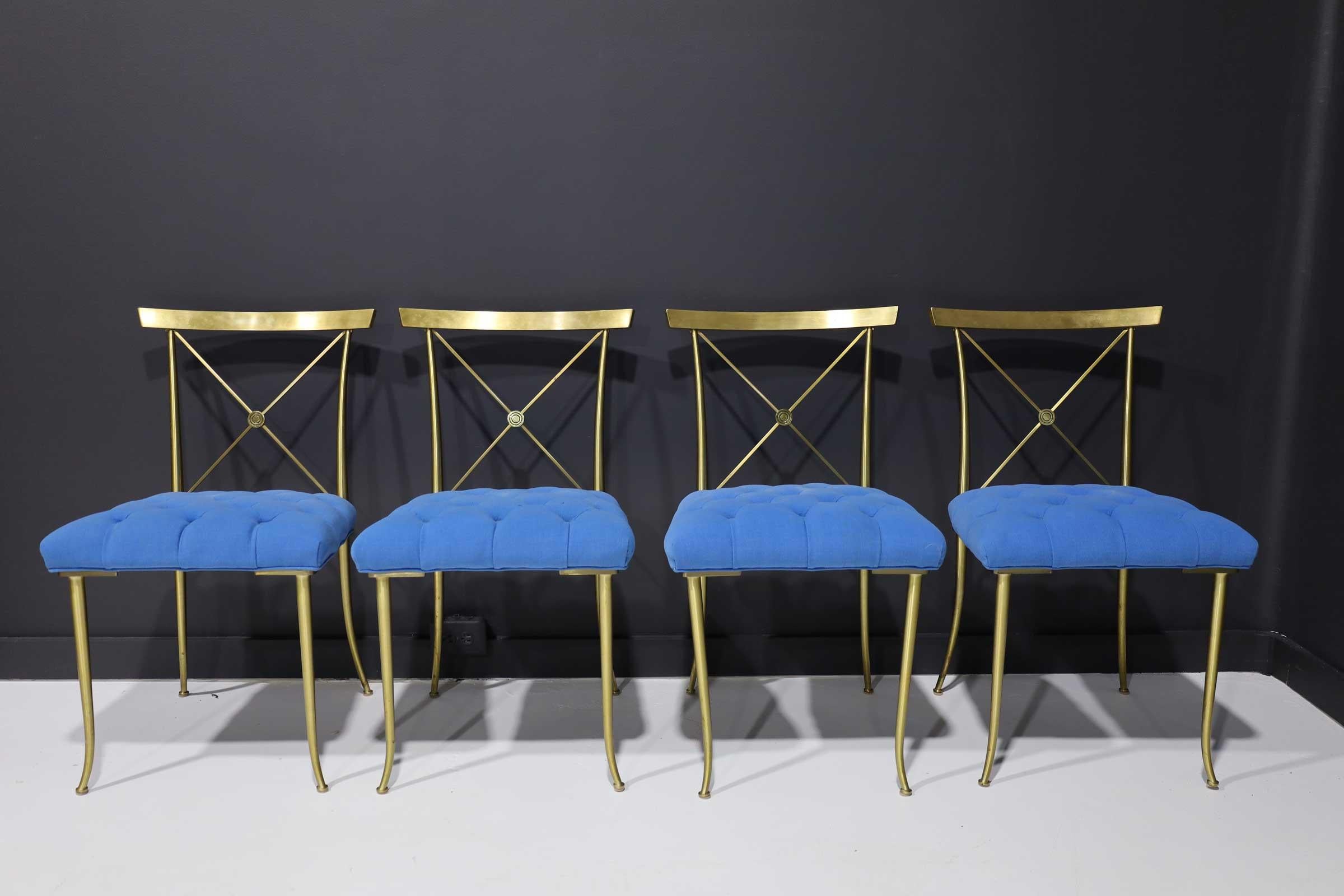 Hollywood Regency Four William Billy Haines Brass Side Chairs with Original Tufted Upholstery