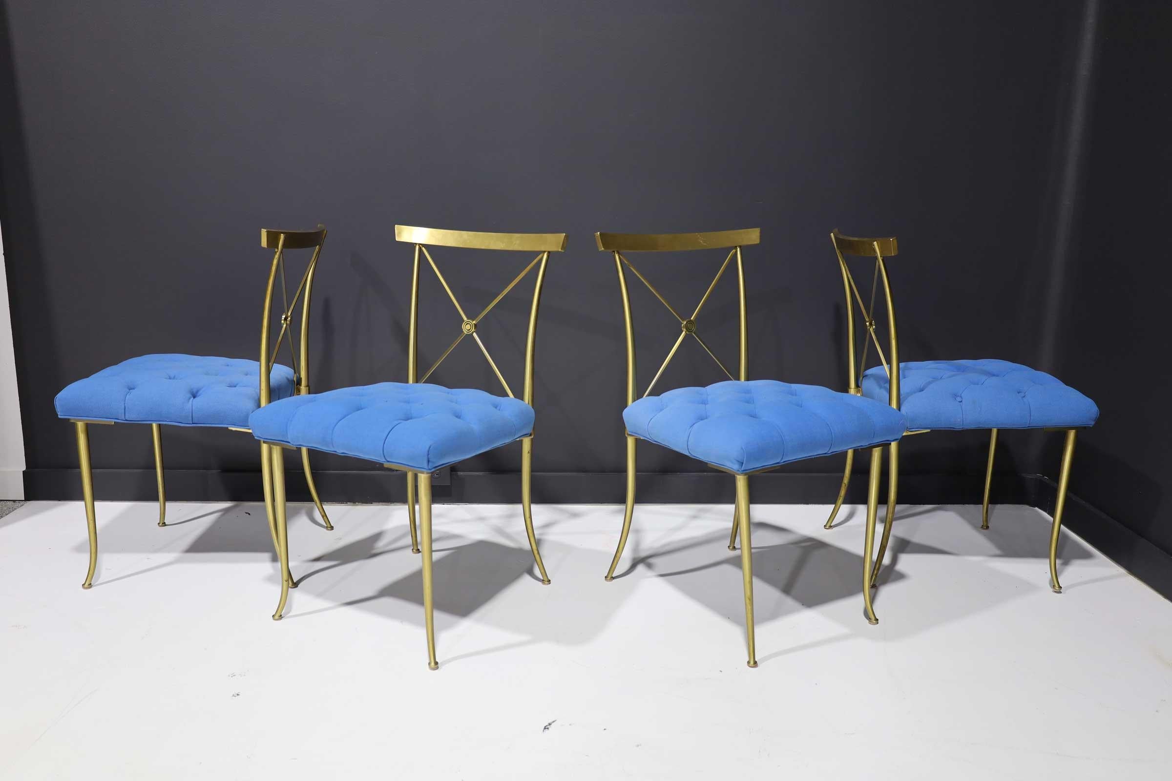 North American Four William Billy Haines Brass Side Chairs with Original Tufted Upholstery